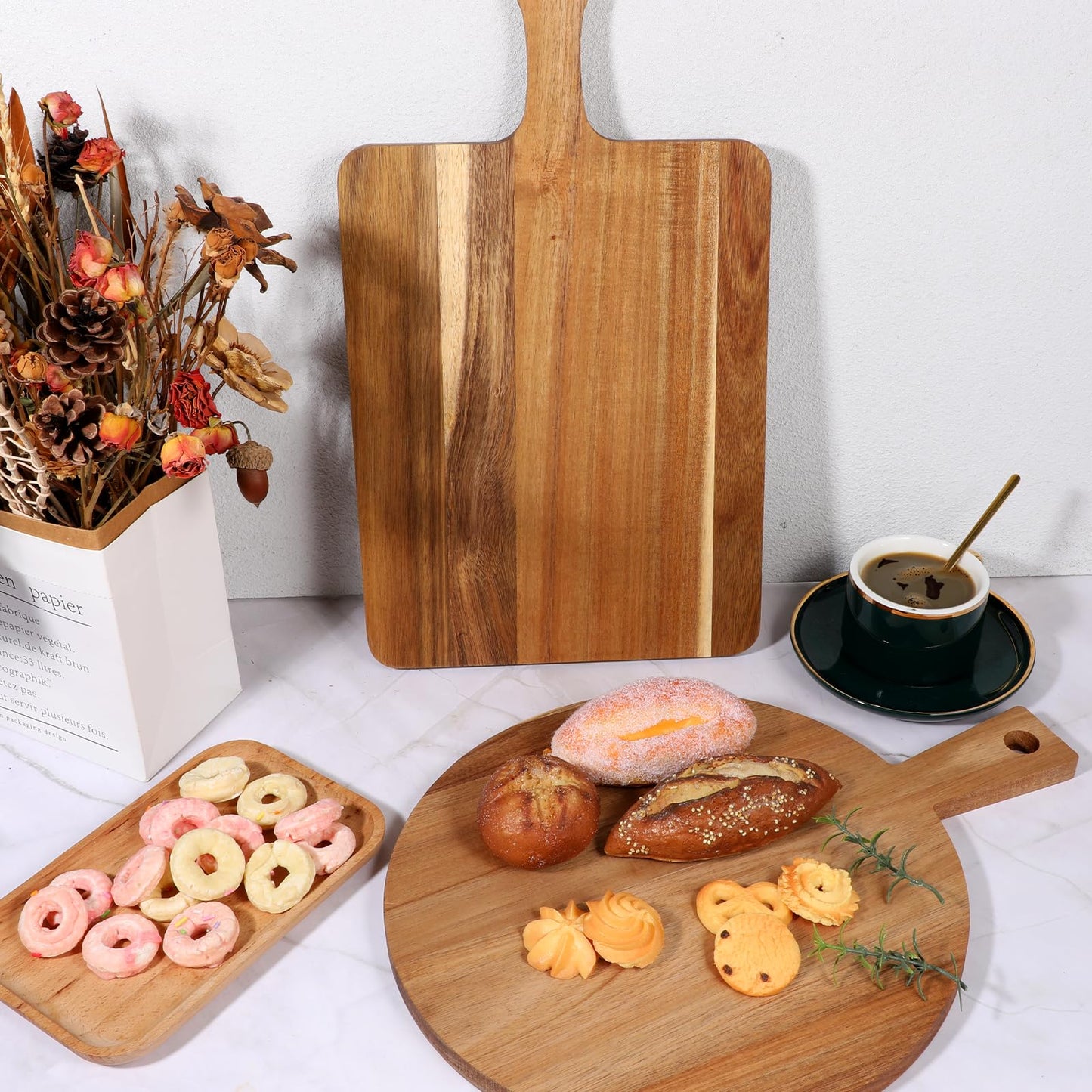 2 Pcs Wood Cutting Board with Handle Decorative Wooden Serving Board Large Chopping Cutting Board Set Charcuterie Board for Cheese Board Meat Bread Chopping Blocks