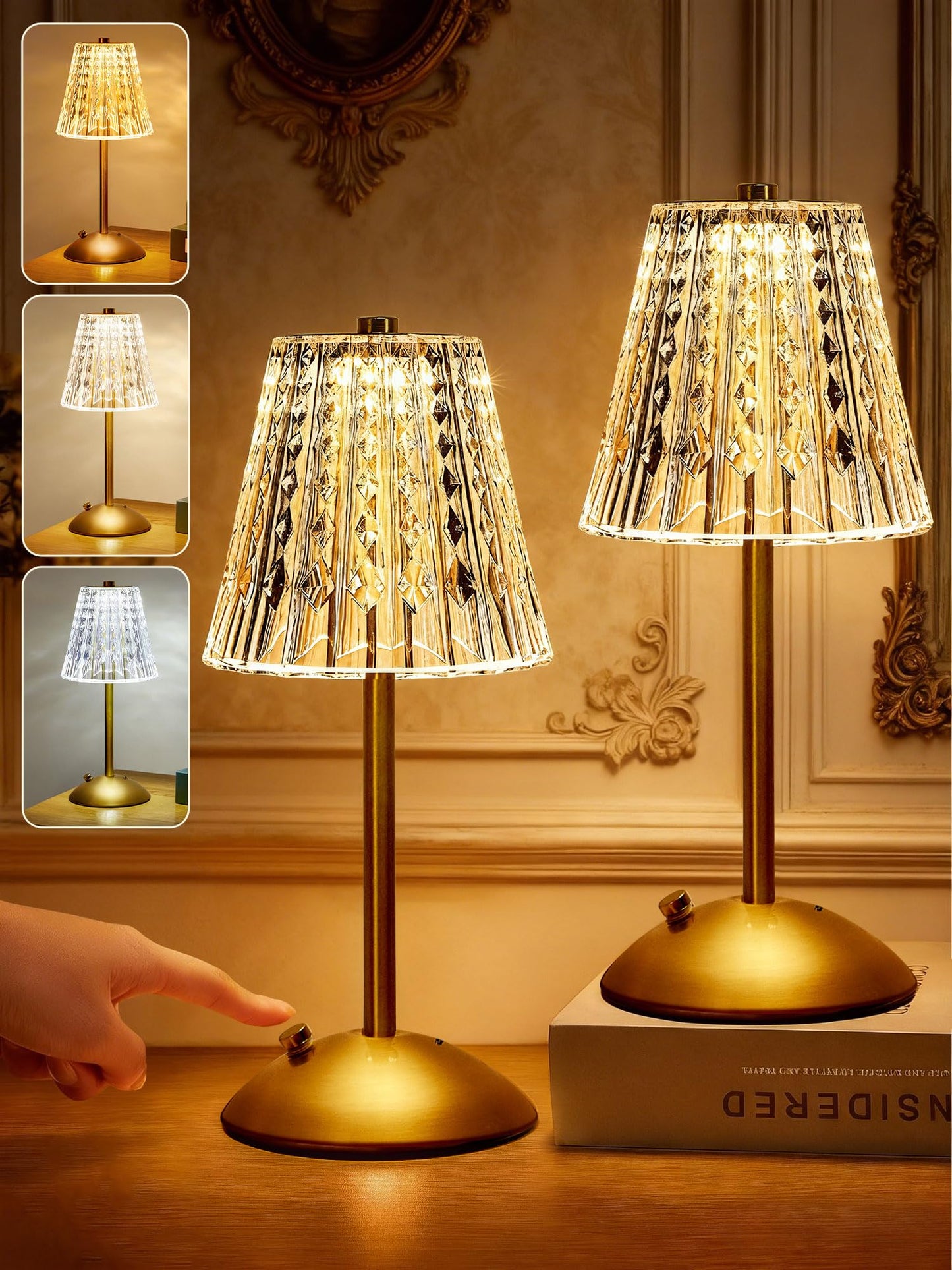 Upgraded Nightstand Lamps Set of 2, 3 Colors Dimmable Crystal Table Lamp Gold Lamp, Touch Lamp Bedroom Lamps, Rechargeable Small Lamp, Bedside Lamps Set of 2 for Bedroom Living Room Bathroom Hotel Bar