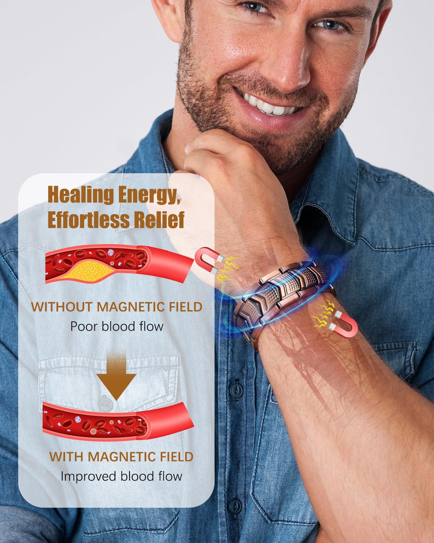 Jeracol 3X Strength Magnetic Copper Bracelet & Ring for Men - 99.9% Pure Copper Bracelet - Premium Fold-Over Clasp and Adjustable Length Sizing Tool & Jewelry Box