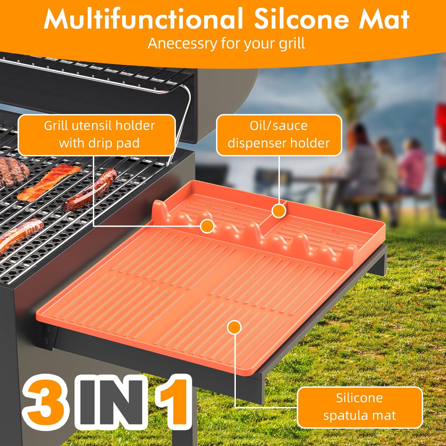 Silicone Griddle Tool Mat Compatible with Blackstone Weber - Flat Top Grill Pellet Smoker Side Shelf Spatula Mat with Drip Pad - Kitchen Cooking BBQ Grilling Accessories - Gift for Men(Orange)