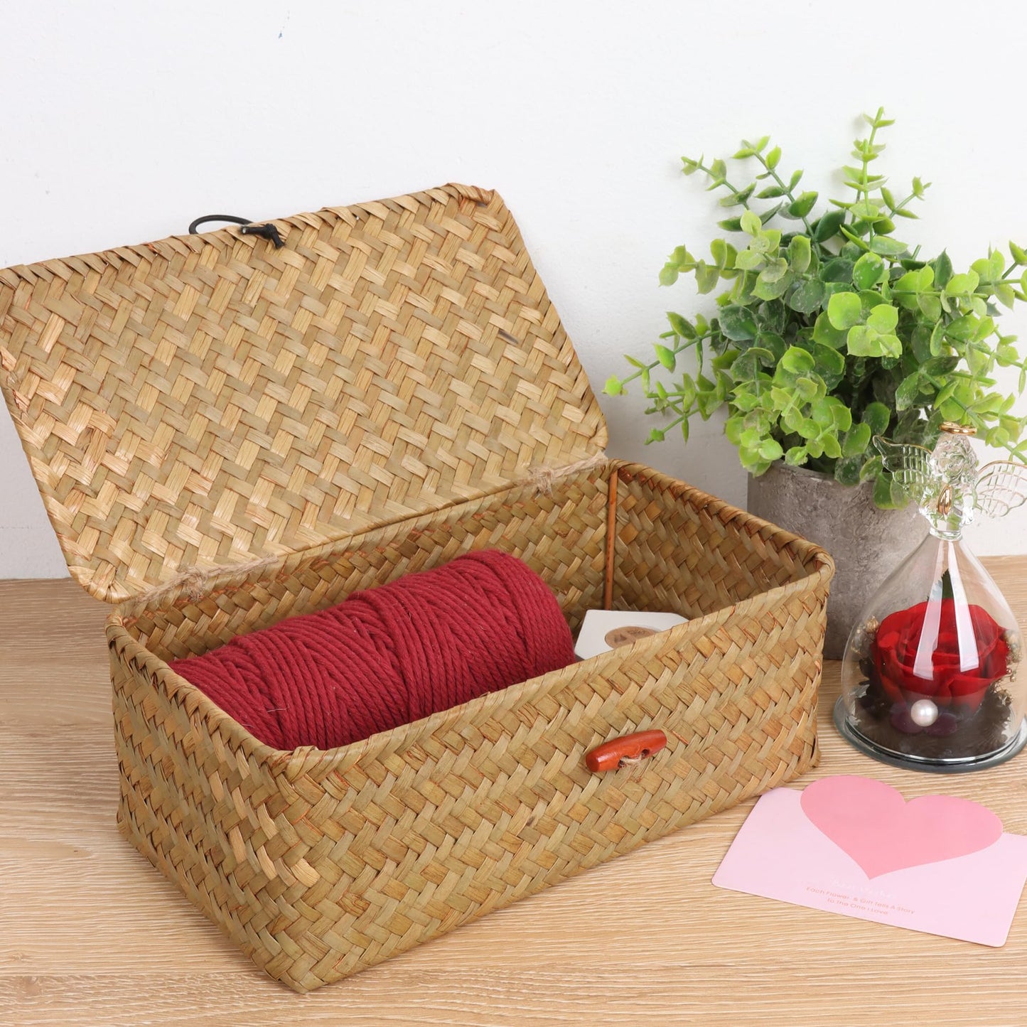 Moosky Wicker Shelf Baskets with Lid,Handwoven Seagrass Basket for Storage Basket Bins Rectangular Home Organizer Gift Boxes (Natural Set of 2)