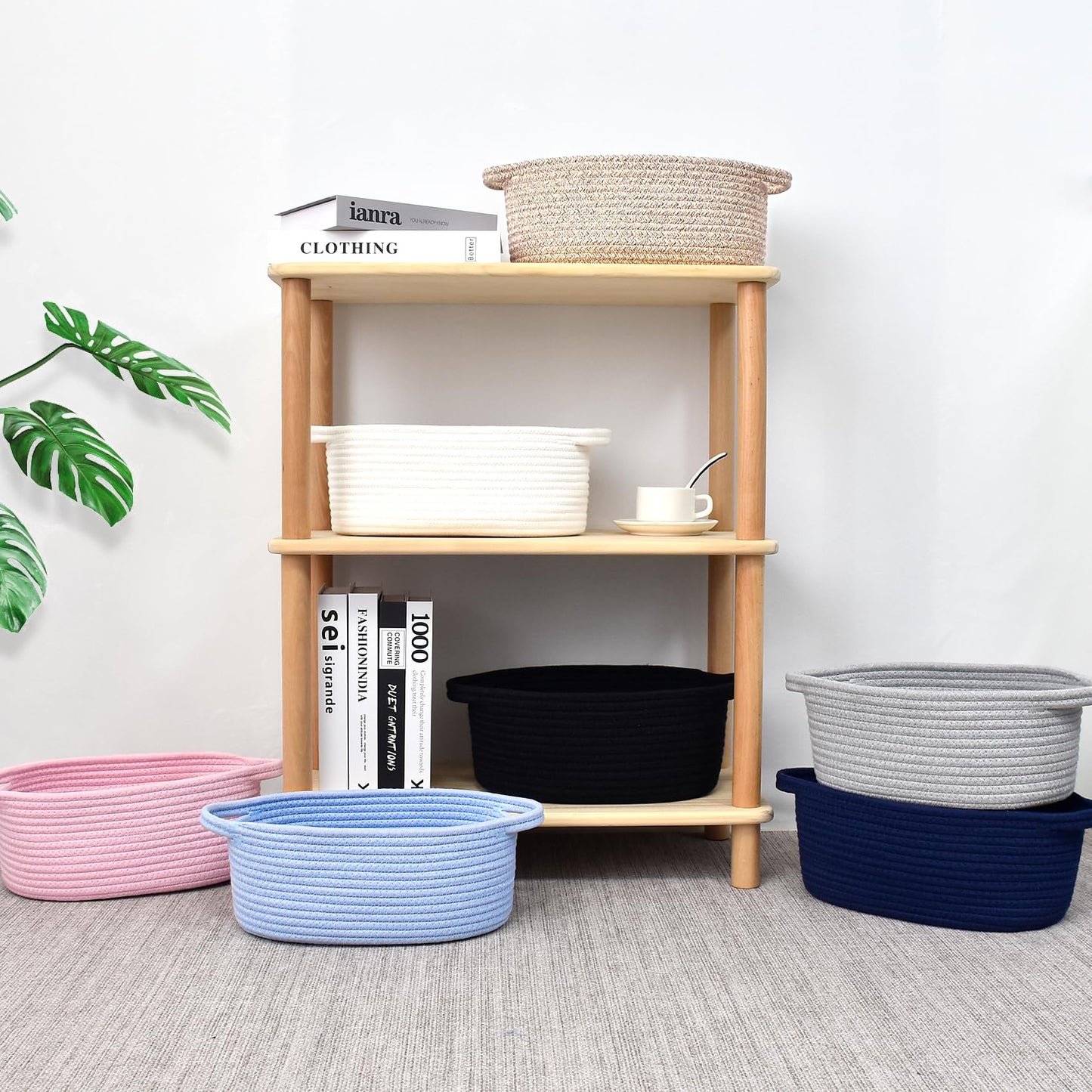 ABenkle Small Basket with Handles, Boho Decorative Rope Woven Dog Cat Toy Storage Bin Shelf Storage Organizer, Easter Christmas Gift Basket, 12"x8"x5", White