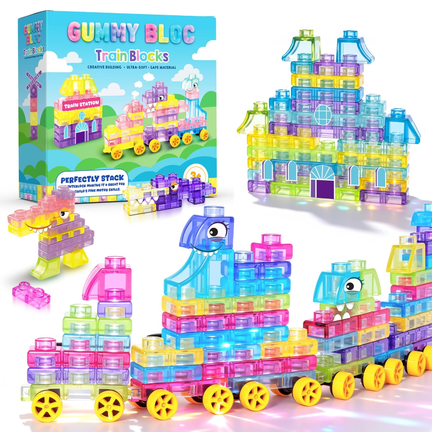Soft Train Building Blocks with Wheels, 42 PCS Montessori Sensory Stacking Blocks, Toddler Learning Toy with Station, Squeezable, Stretchable & Stackable Tactile Toys, Preschool Creative Play for Kids