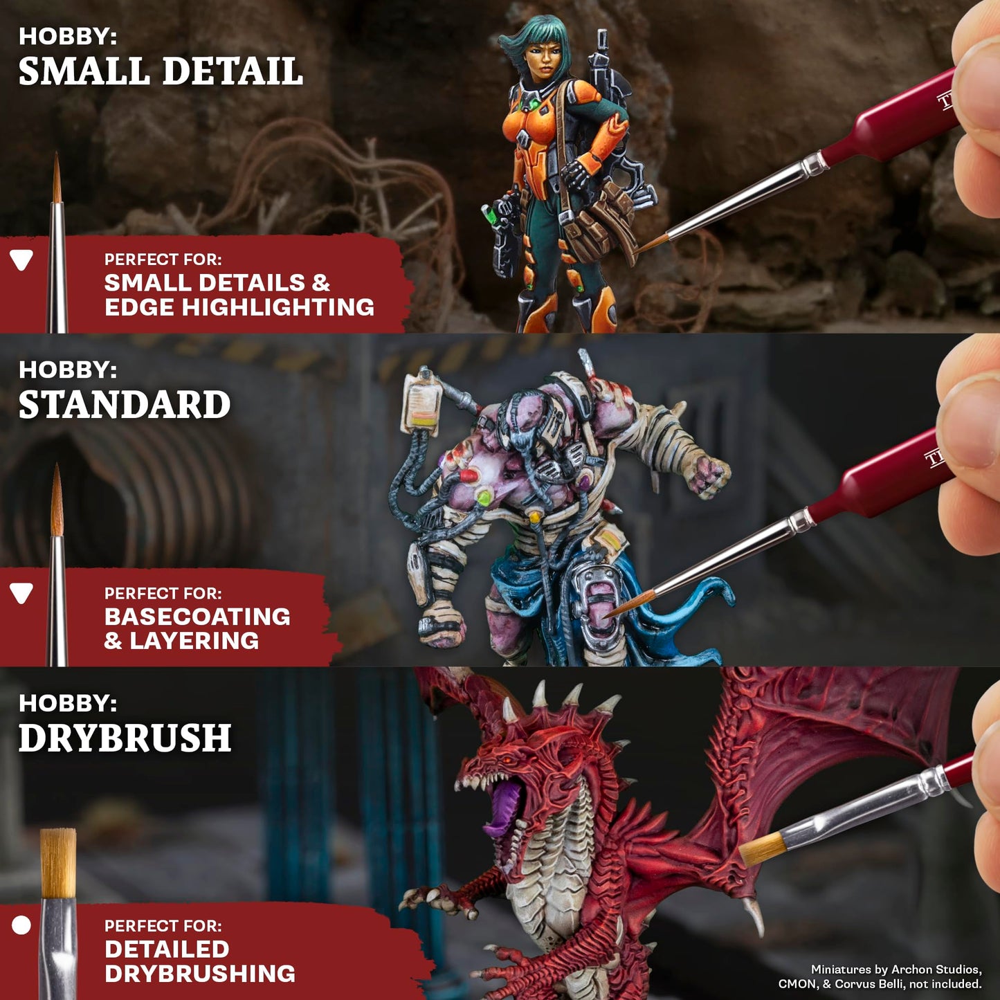 The Army Painter, Hobby Starter Brush Set, 3 Paint Brushes for Acrylic Paint incl. Drybrush, Small Detail & Standard, Fine Tip Model Brush for Miniature Fantasy Painting