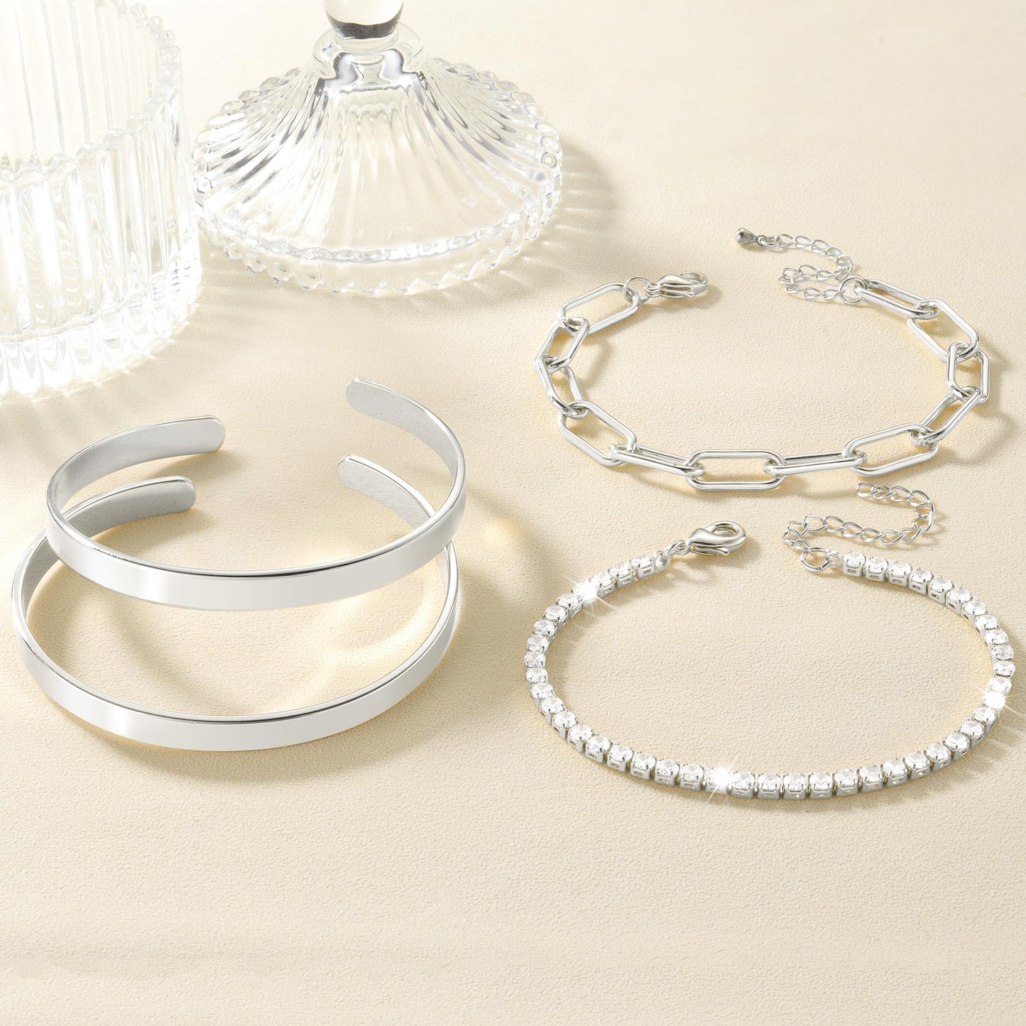 Reoxvo 925 Sterling Silver Plated Tennis Bracelets Stack for Women Double Dual Silver Bangle Cuff Bracelets for Women