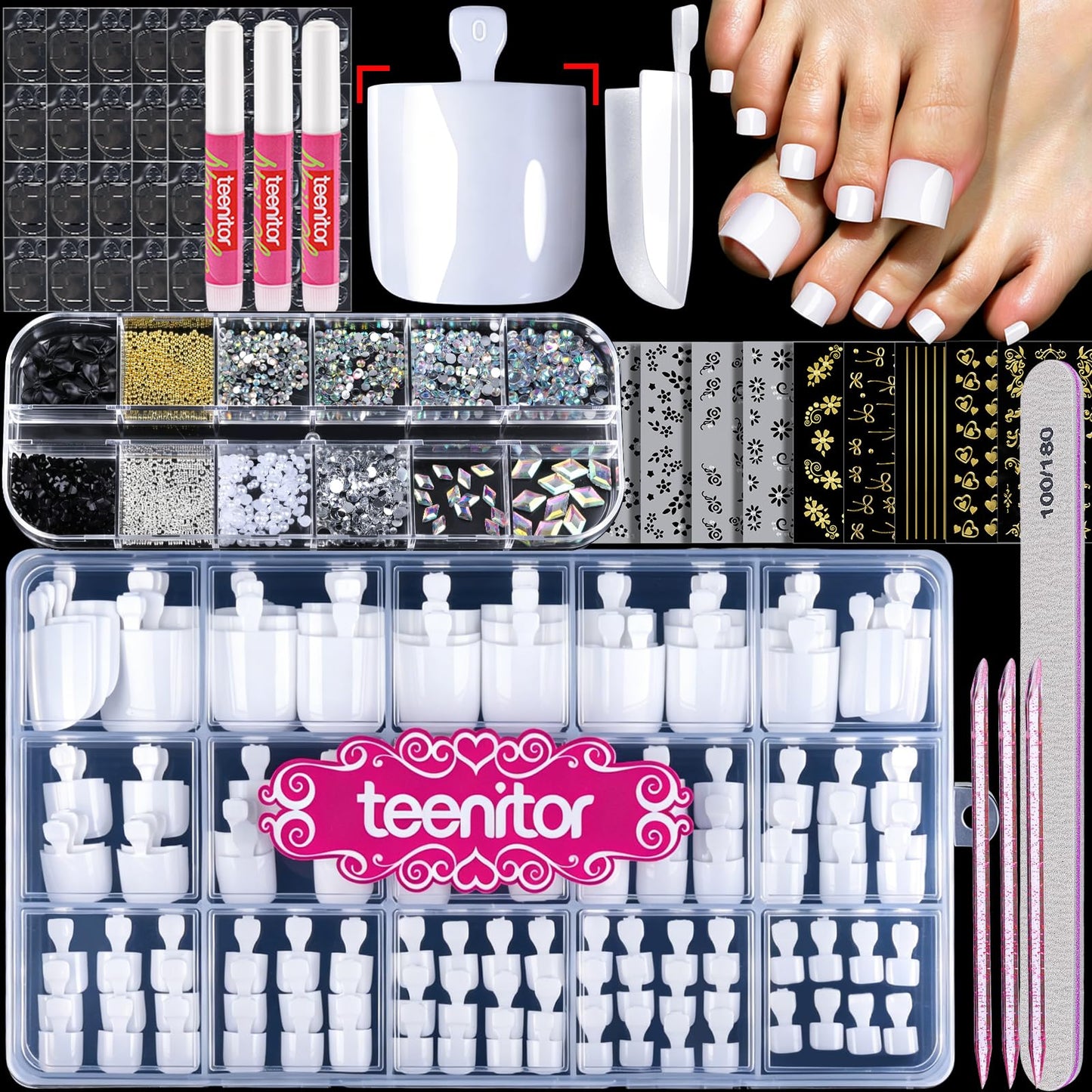 Teentor Square White Toenails Press on Kit, 15 Sizes Toe Nail Press ons with Nail Glue, Thick Press on Toenails Toe Press on Nails Tips for Women, Full Cover Glossy Fake Toe Nails Glue on for Wedding