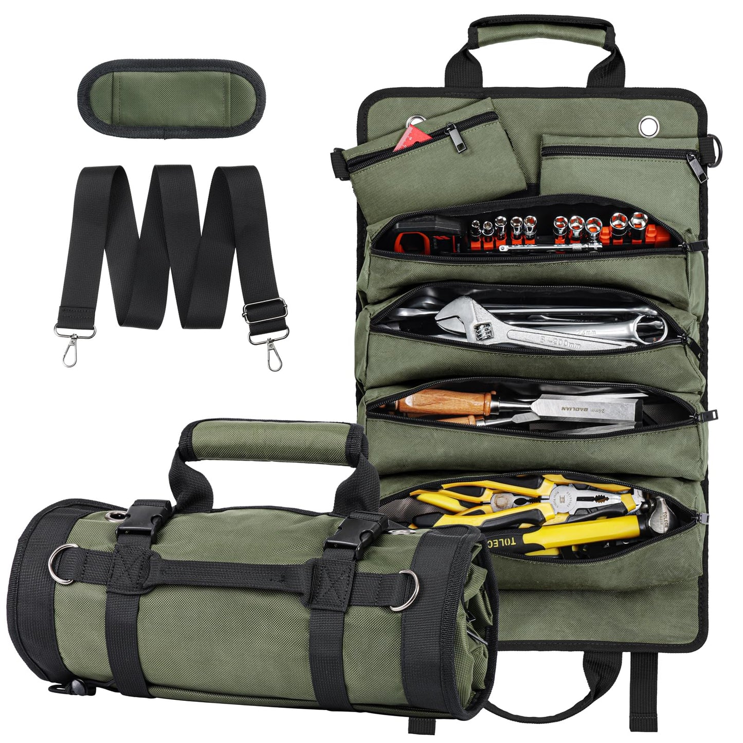 Tool Roll Up Bag, 1680D Heavy Duty Tool Bag Organizer with 2 Detachable Tool Pouches & Multiple Pockets, Waterproof Motorcycle Tool Roll for Mechanic & Electrician, Gift for Men Him Dad, 21.9"*14.7"