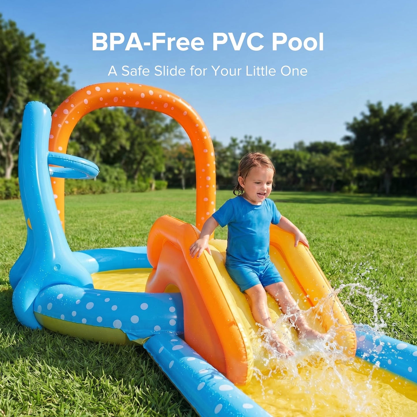 Inflatable Kiddie Pool with Dual Slides, Kids Splash Pool Play Center with Water Slide & Slip Slide, Outdoor Backyard Water Toy for Toddlers