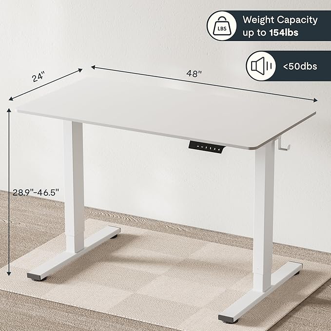 FLEXISPOT EN1 Whole-Piece White Standing Desk 48 x 24 Inches Electric Stand Up Height Adjustable Desk for Home Office (White Frame + White Top)
