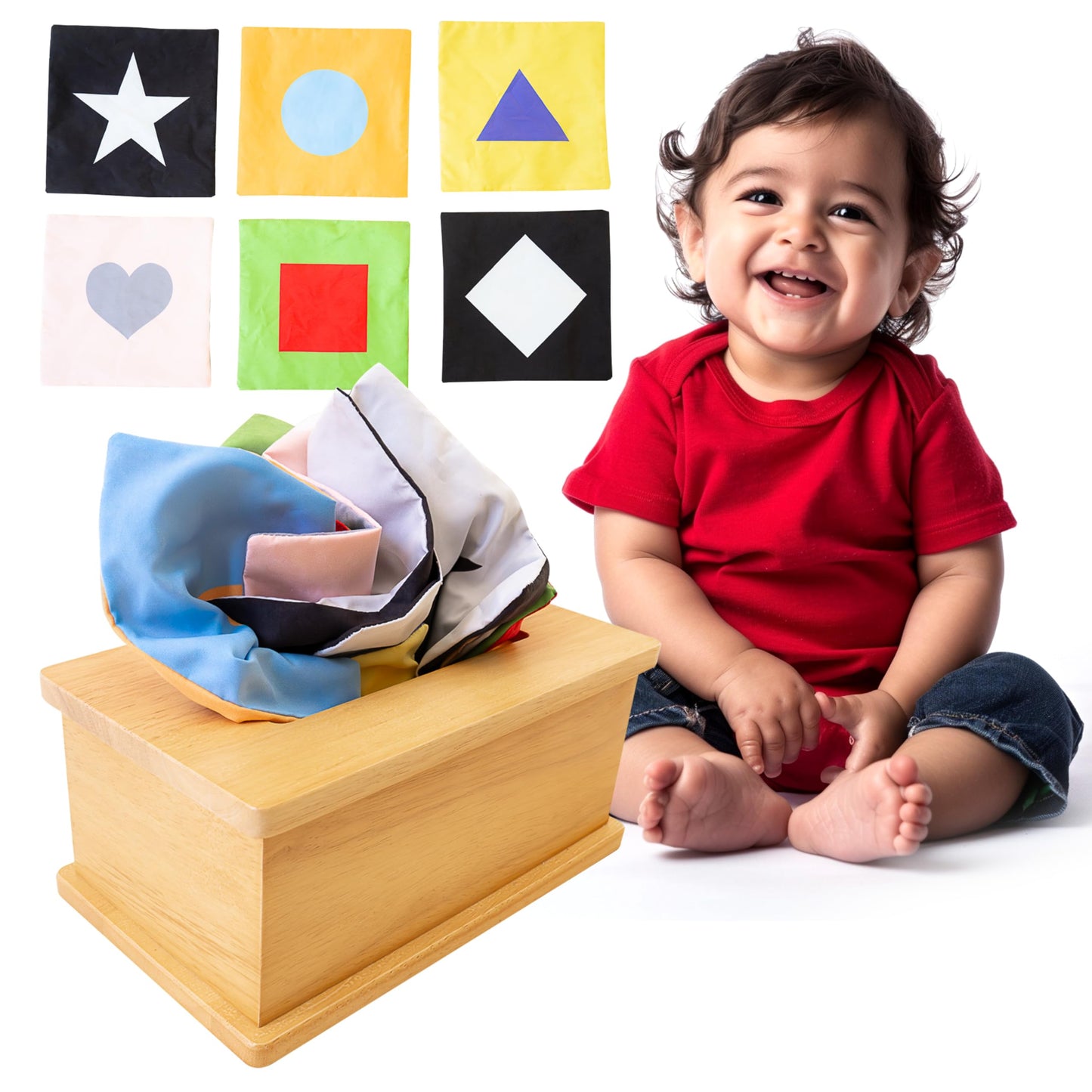 Sensory Tissue Box Toy for Babies 6-12 Months - Montessori Baby Tissue Box with Crinkle Paper, Natural Wooden Toy for Infants