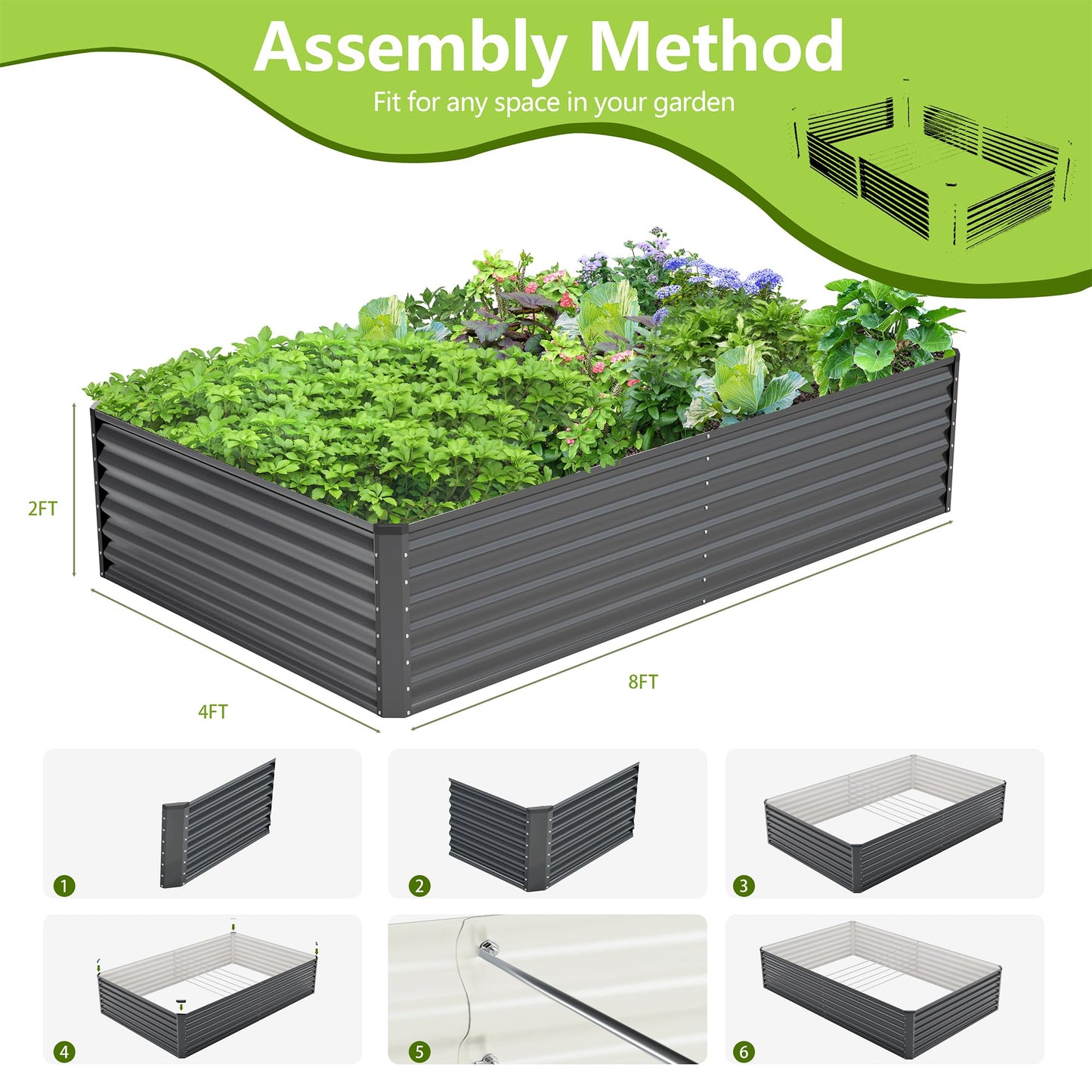 Ayen Guard 8x4x2FT Galvanized Raised Garden Bed,Galvanized Planter Boxes Outdoor, Large Metal Raised Garden Beds for Vegetables-Grey