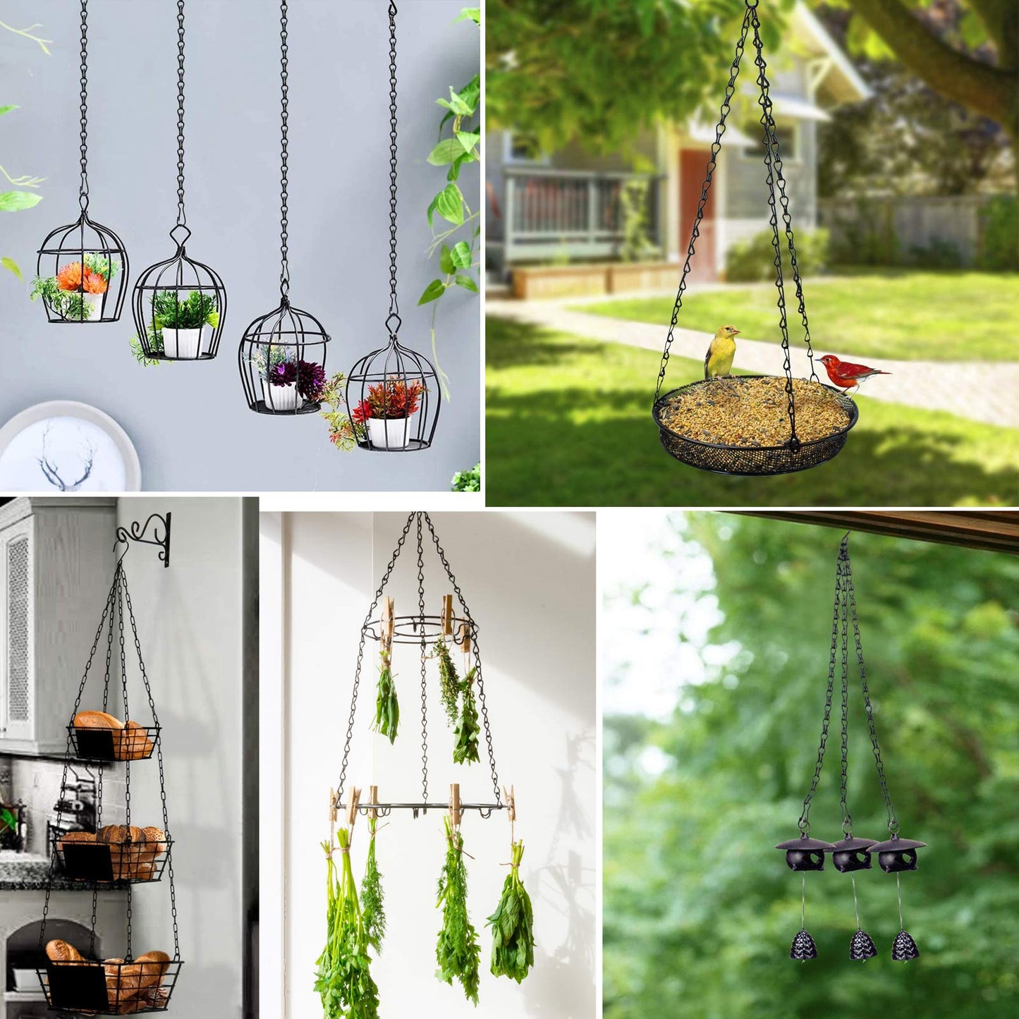 KABB Hanging Basket Chains, Black Iron Sling Chain, 20" L x 20" W x 0.8" H, Indoor/Outdoor, Holds Up to 20 lbs, 2 Pack