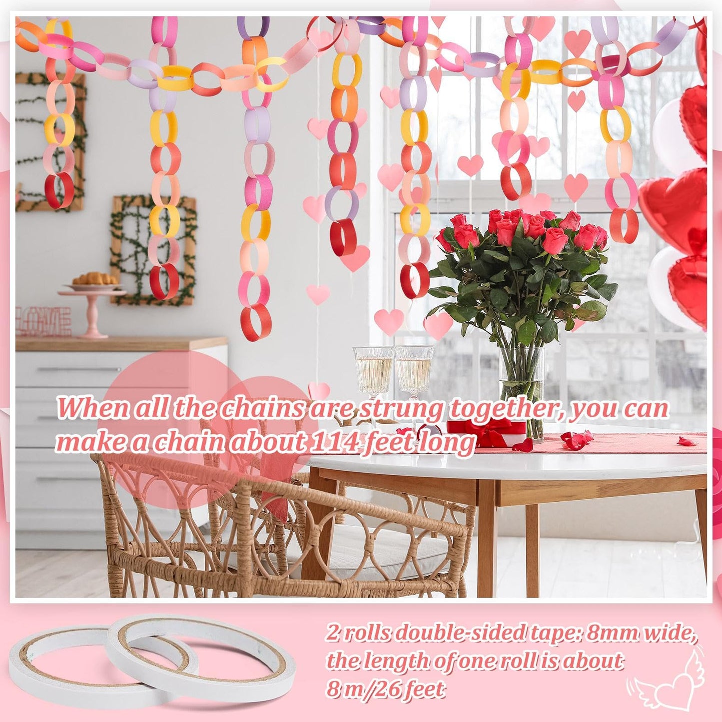 Lincia 1000 Sheet Paper Chain Garland Strips 1x8 Inch with Double Sided Tape, DIY Construction Paper Chains for Birthday Wedding Holiday Party Decorations, Crafts Supplies (Valentine)