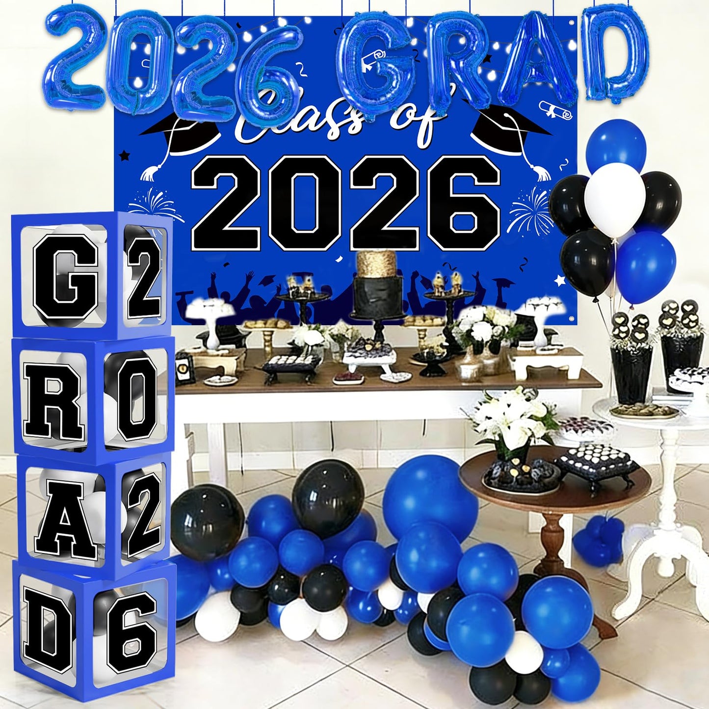 Graduation Decorations 2026, Blue Black Graduation Party Decorations 123pcs Balloon Boxes with Letters, Balloon Arch Kit and Backdrop for 2026 Grad Decor Class of Party Supplies