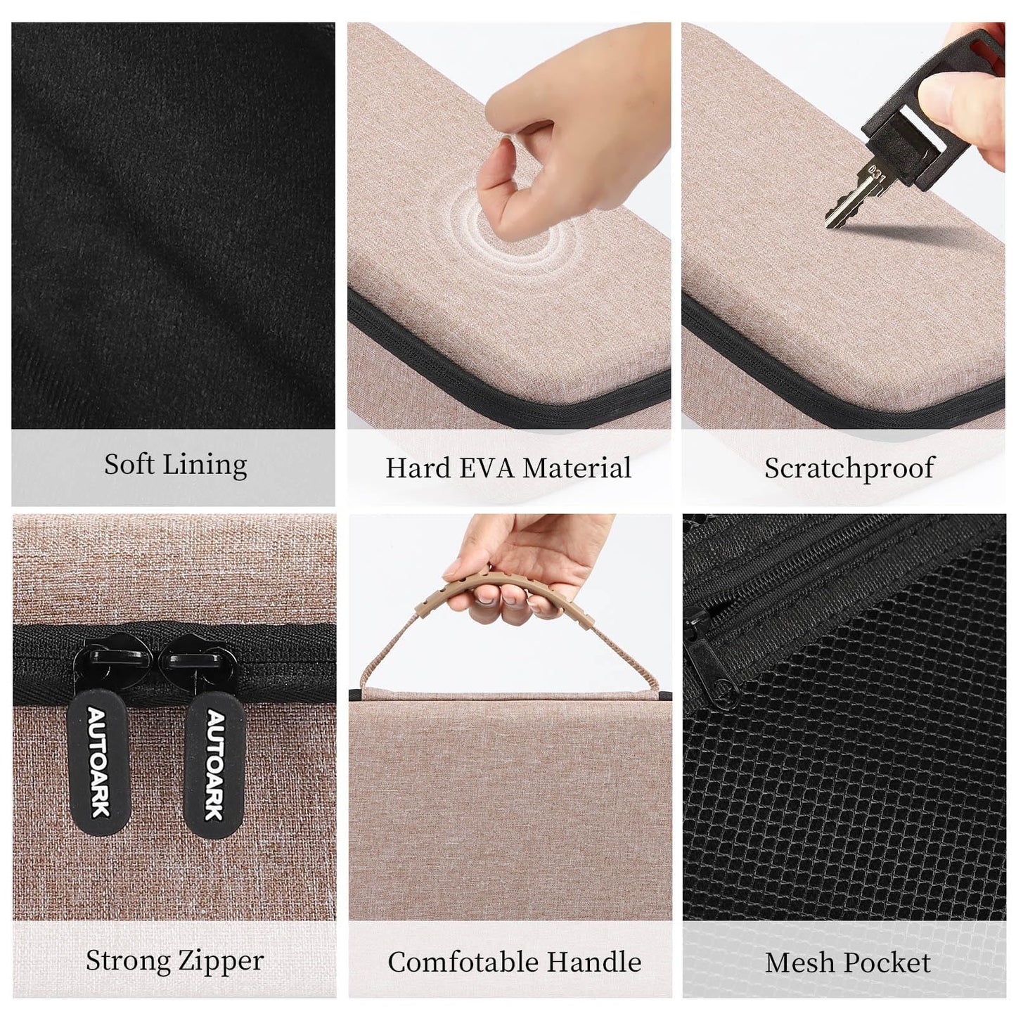 AUTOARK EVA Hard Shell Travel Eyeglasses Case,7 Adjustable Dividers,Holds 8 Glasses,Felt Lining,Fits Large Sunglasses,Zipper Closure Storage Box for Men/Women,Brown,MKAW023