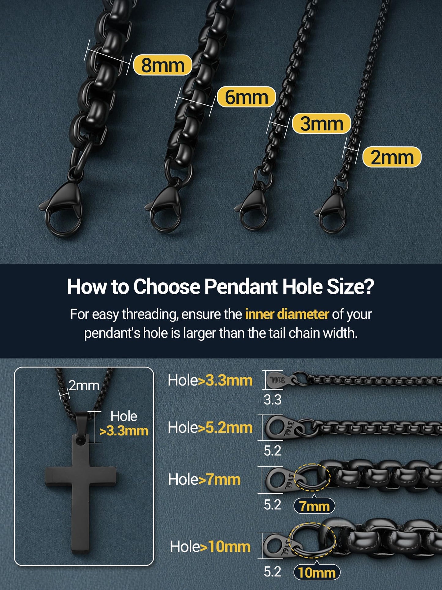 PROSTEEL Mens Chain Necklace, Squre Rolo Link Chains Black Stainless Steel Necklace 2mm Waterproof & Durable Men and Women Jewelry with Gift Box 20in