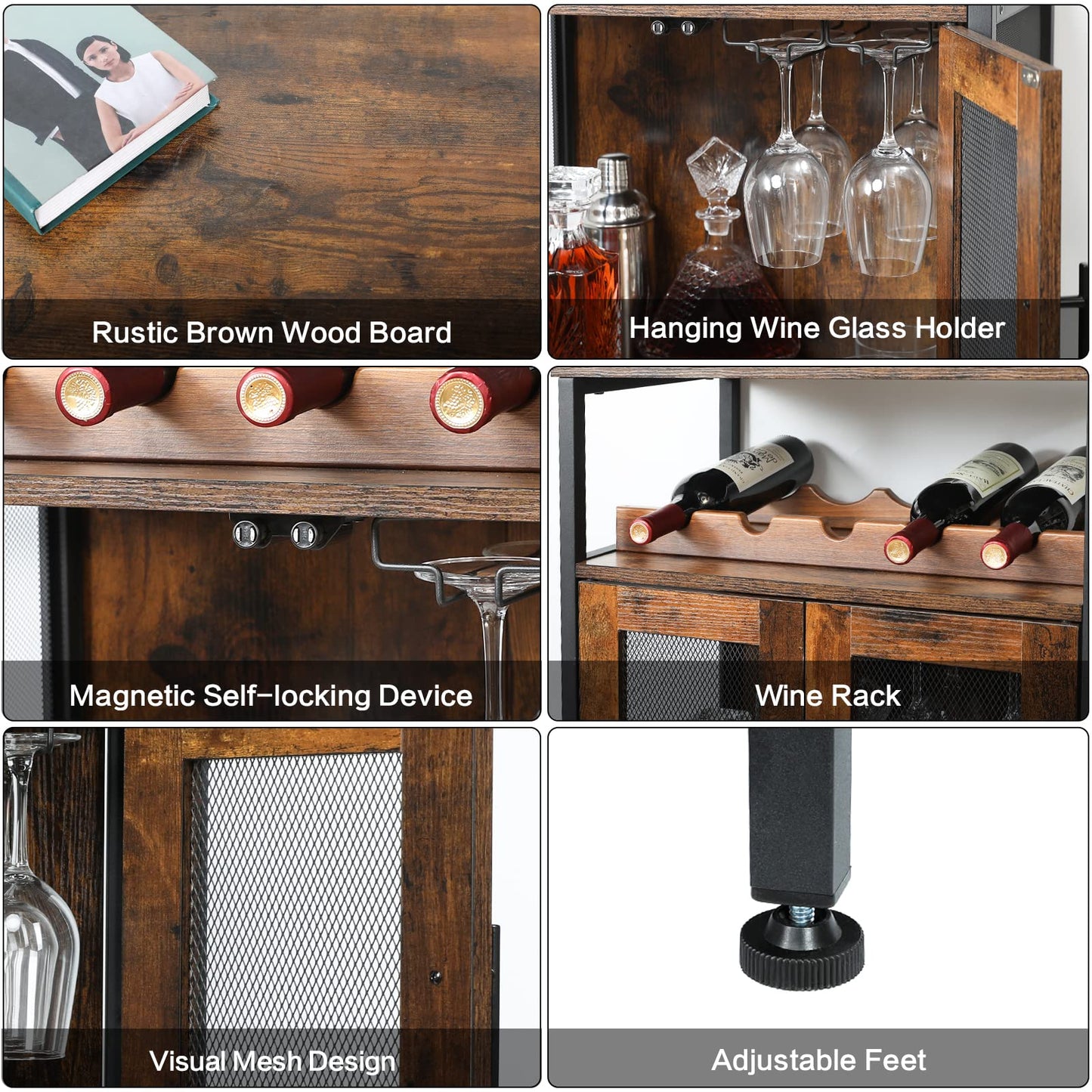 X-cosrack Wine Bar Rack Cabinet with Detachable Wine Rack, Coffee Barwith Glass Holder, Small Sideboard and Buffet Cabinet with Mesh Door, Rustic Brown(Patent Pending)