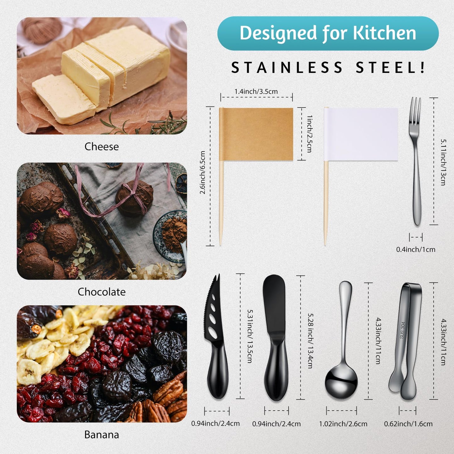 Patelai Charcuterie Board Accessories Cheese Spreader Knife Set Charcuterie Utensils Butter Knife Stainless Steel Mini Serving Tongs Spoons Appetizer Forks for Pastry(Black,18 Pieces)