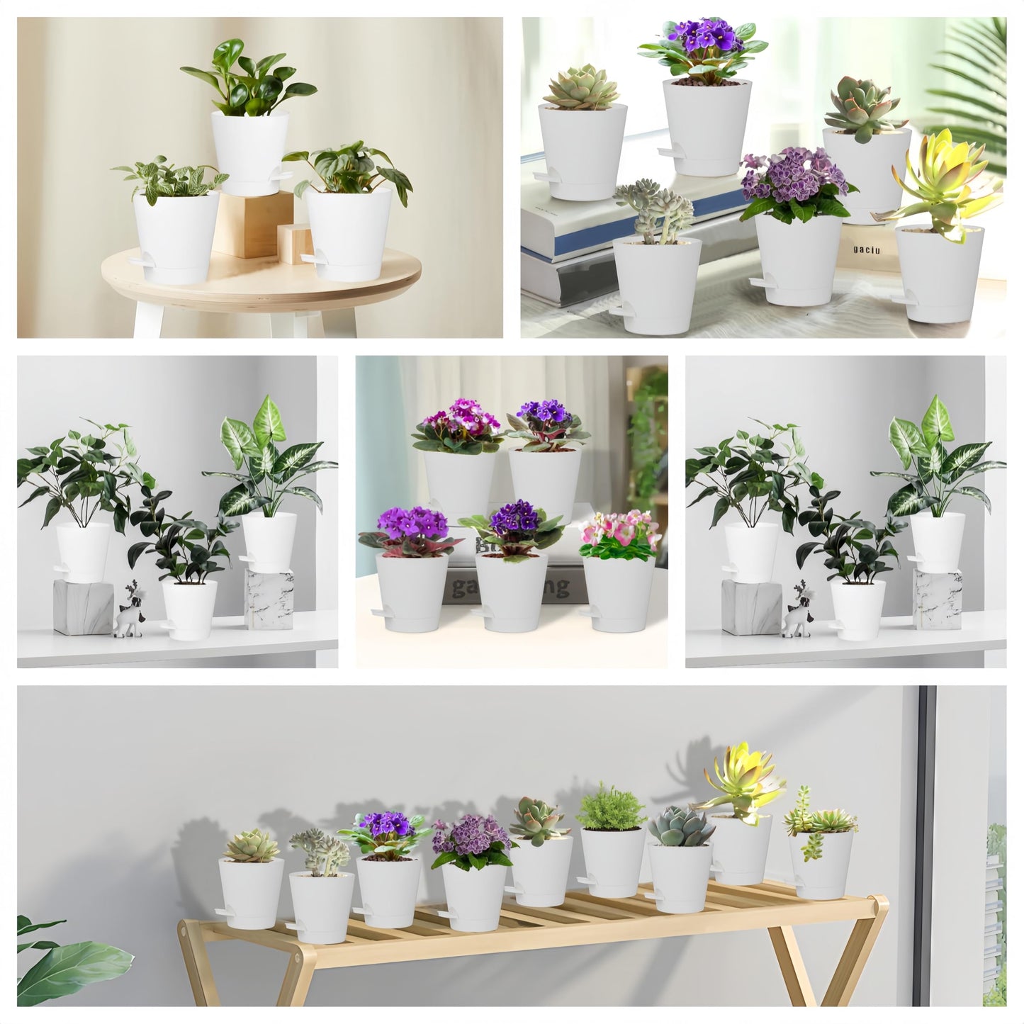 zople 5 Pack 5 inch Self-Watering Pots, African Violets Planter with Drainage Holes and Reservoir, White Plastic Planter for Indoor Outdoor Plants Flowers and Houseplants White, 5 inch 5 pcs