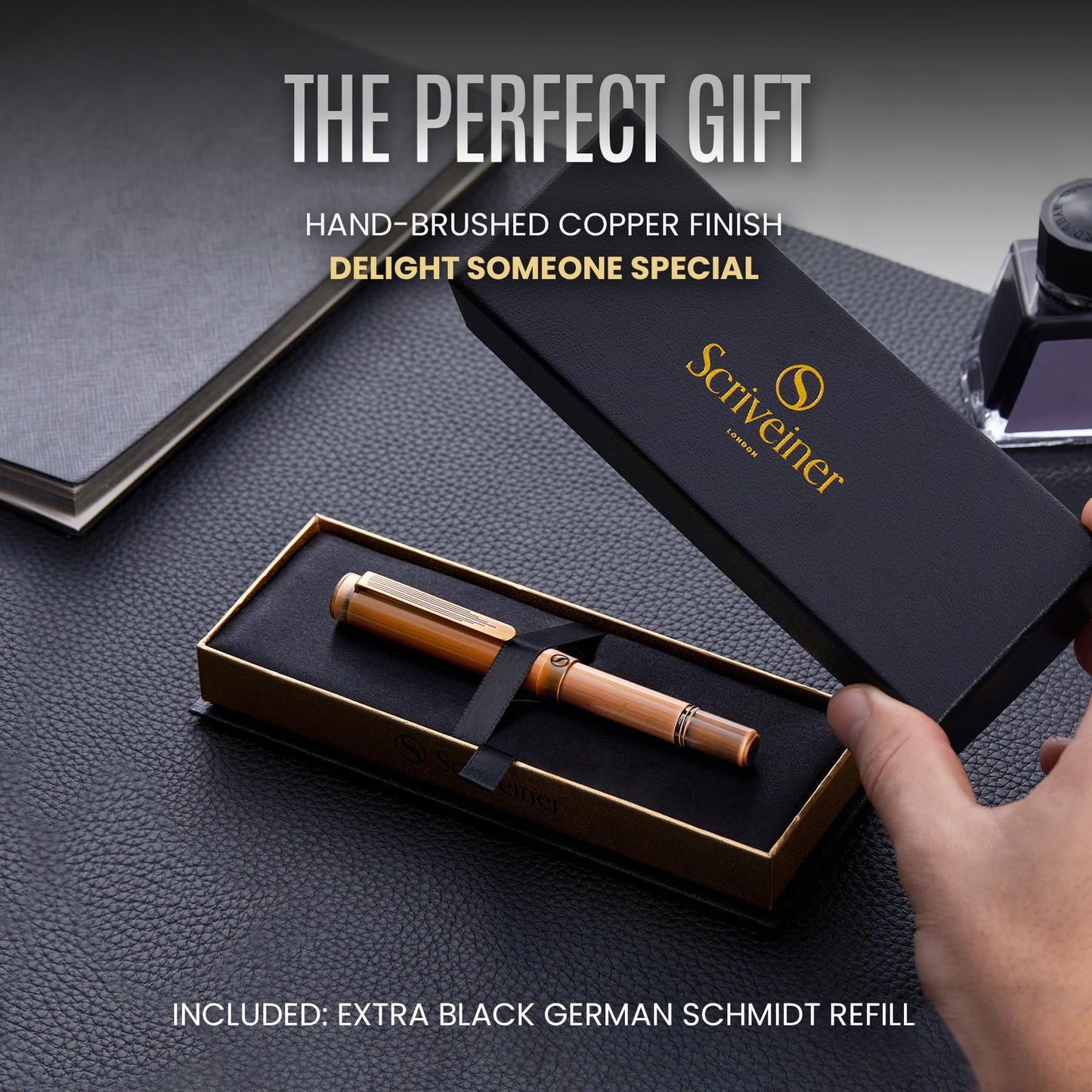 Scriveiner EDC Luxury Rollerball Pen, Stunning Heavy Pocket Pen, Hand Brushed Copper Finish, Cool Writing Pen, Best Pen Gift for Men, Women, German Schmidt Refill, Nice Fancy Office Designer Pen Set