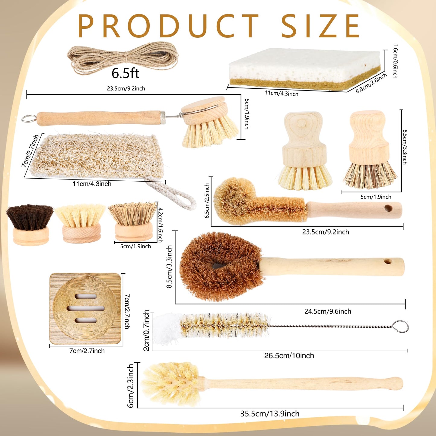 15 Pcs Bamboo Dish Brush Set with 65 Ft Hemp Rope Wooden Palm Pot Brush Sisal Bristles Natural Cup Scrubber Loofah Sponge Draining Tray for Pans, Bottle, Sink Kitchen Cleaning