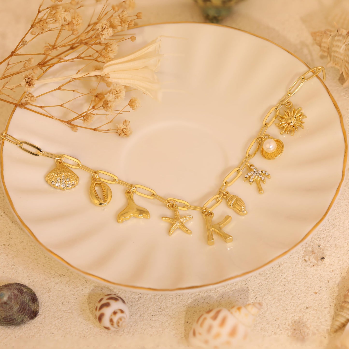 JALZEMPL Initial Charm Necklaces For Women Shell Letter Paperclip Chain Seashell Starfish Beach Summer Pendant Boho Surfer 14K Gold Plated Jewelry Gift (X)