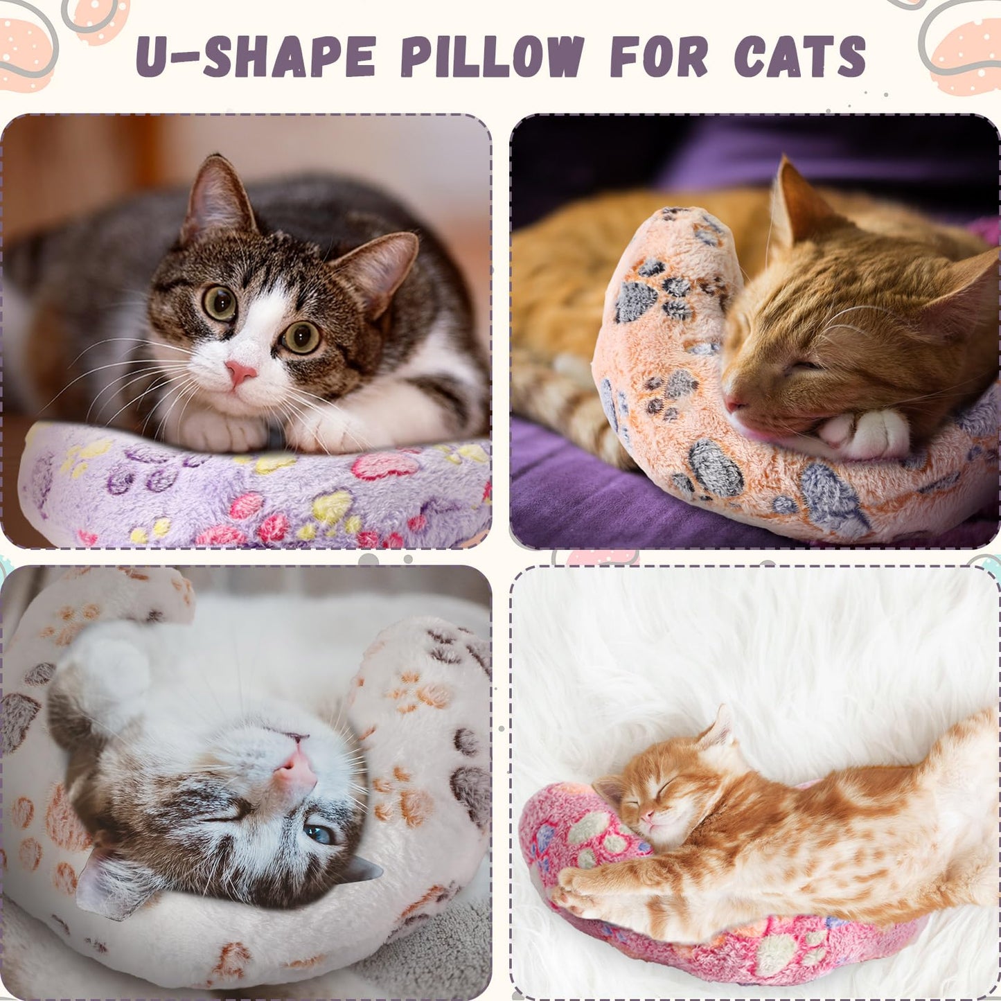 Sweetude 4 Pcs Pillows for Cats Puppy Bed Fluffy Pet Calming Soft Gifts Half Donut U Shaped Pet Neck Pillow Training Joint Relief Cervical Protection(Paw,Medium)
