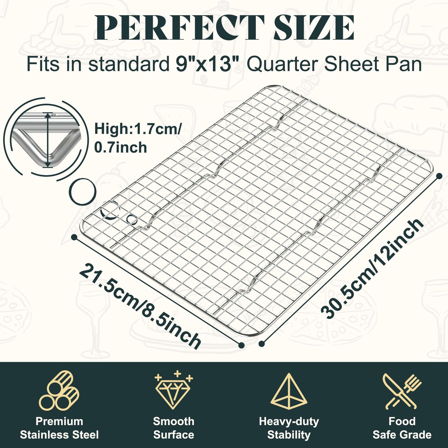 Cooling Racks for Cooking and Baking - 8.5"x12" Oven Safe Premium Stainless Steel Heavy Duty Baking Rack Tight-Wire, Fits Quarter Sheet Pan for Roasting & Grilling & Cooking - Set of 2