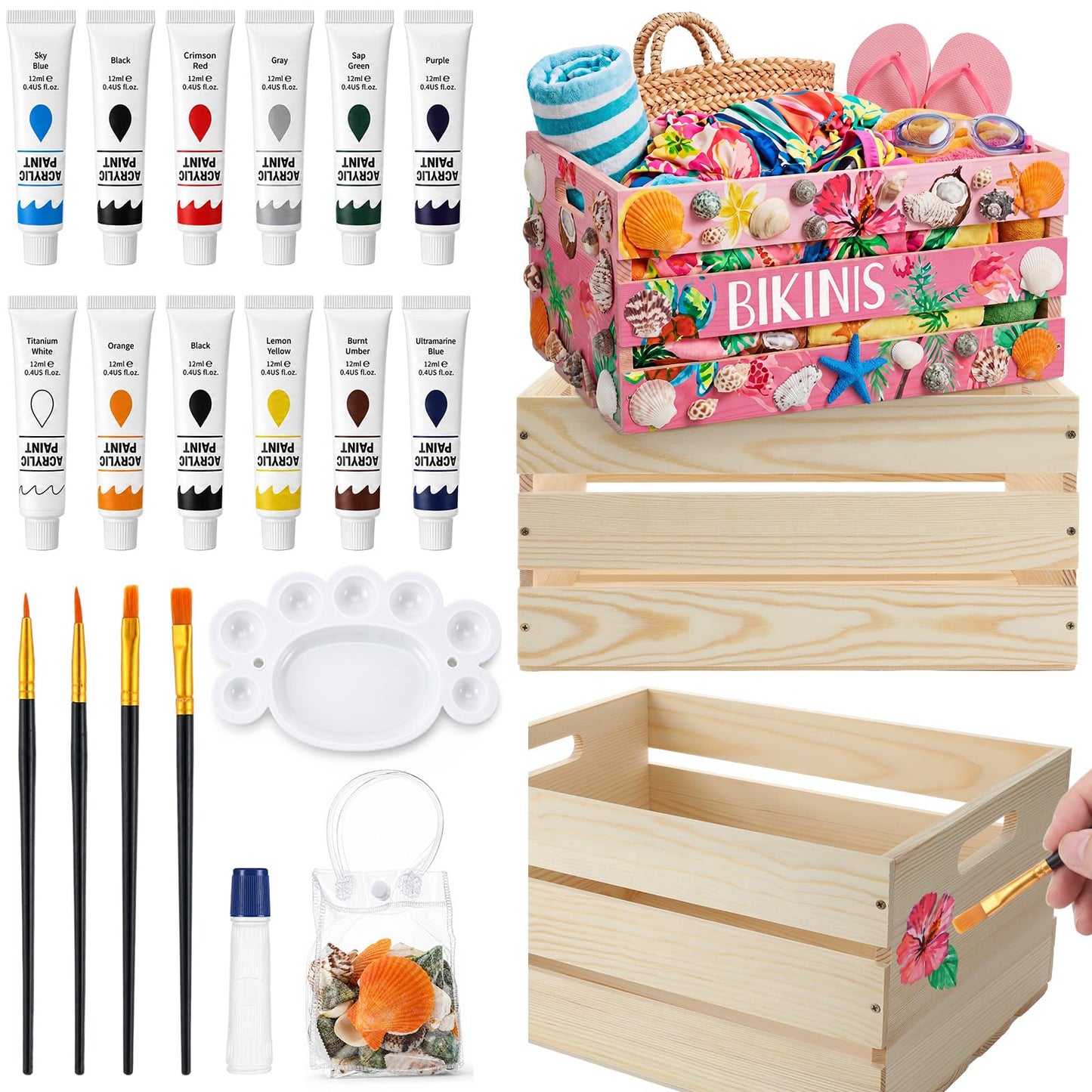 Huwena 2 Pack DIY Bikini Box Kit- DIY Bikini Storage, 16 * 12 * 8in Unfinished Wooden Storage Box Shells and Color Paint Assembly Summer Pool Bin for Hawaiian Tropical Beach Party