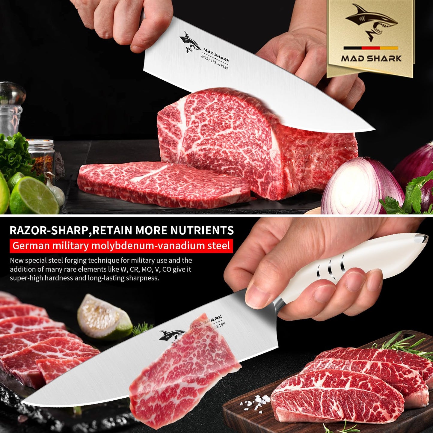 MAD SHARK Chef Knife 8 inch Kitchen Knife High Carbon Stainless Steel Sharp Chef's Knives with Ergonomic Handle, Cooking Knife with Gift Box, Birthday Gifts for Mom/Dad(White)