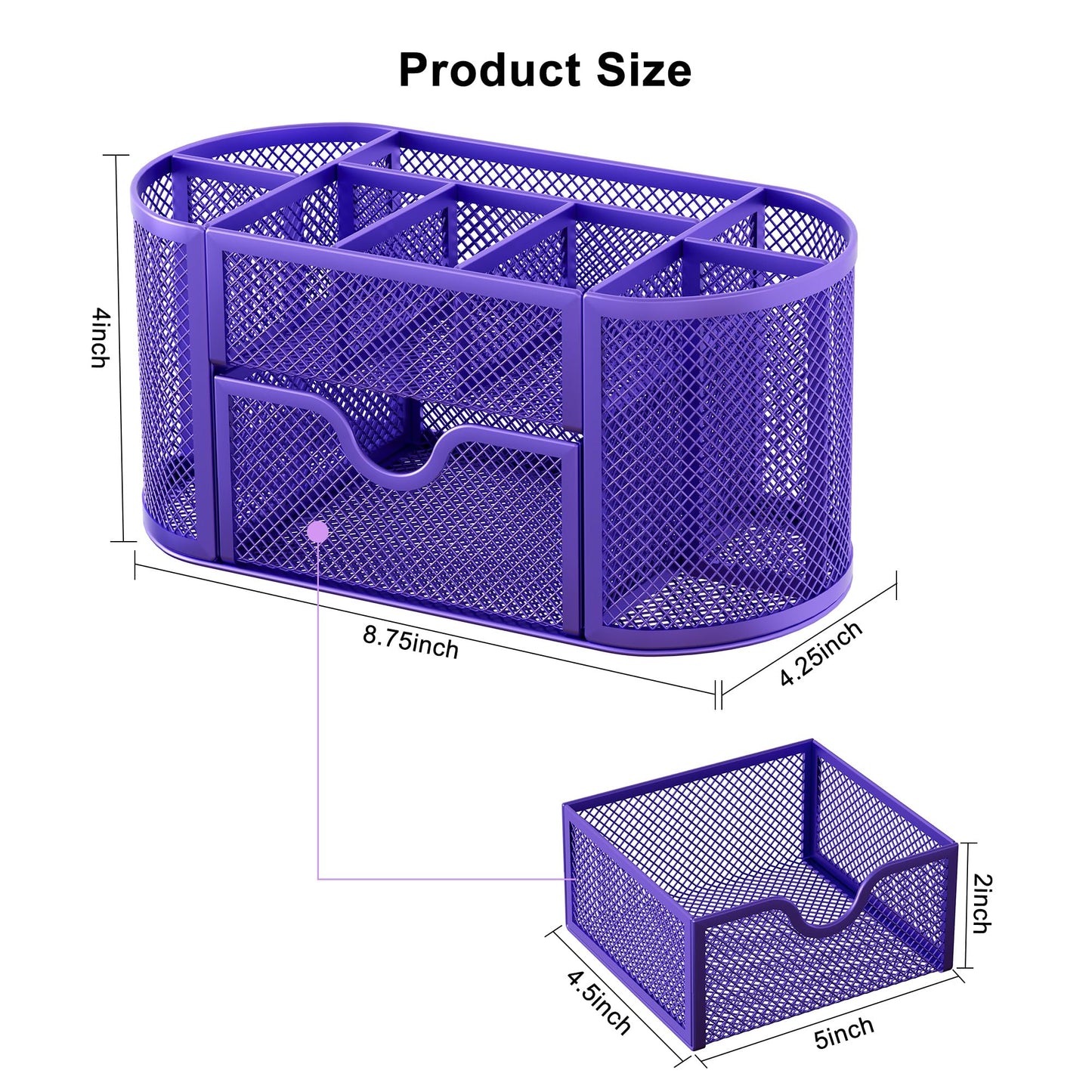 EasyPAG Mesh Pen Holder Desk Organizer with Drawer Stationery Supplies Organizer for Dorm School 9 Compartments Workspace Desk Accessories Organization for Office, Purple