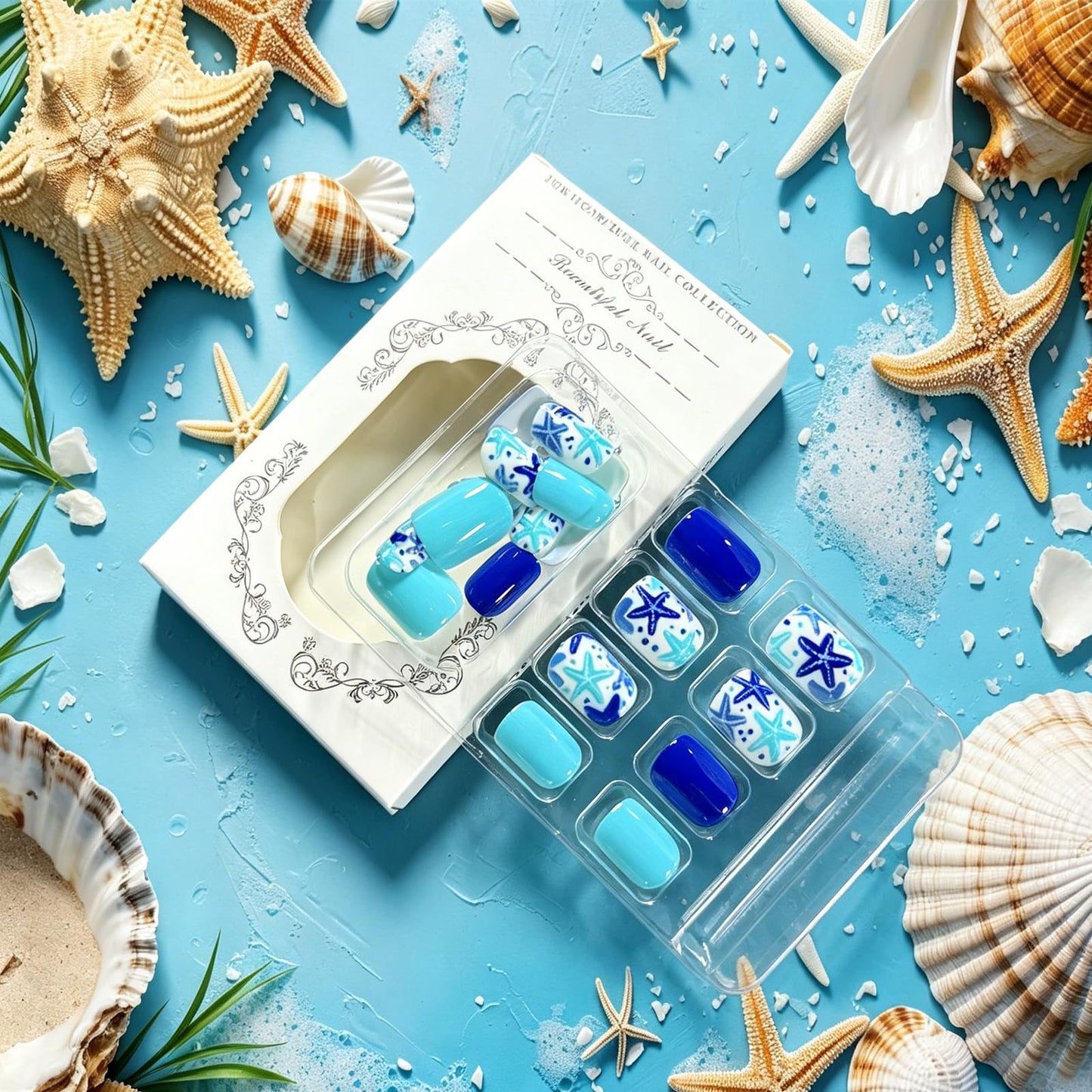 Summer Beach Press on Nails Short Square Cute Fake Nails with Blue Starfish Designs Glossy Acrylic Nails Press ons, 24Pcs Reusable Artificial Stick on Nails for Women Summer Manicure