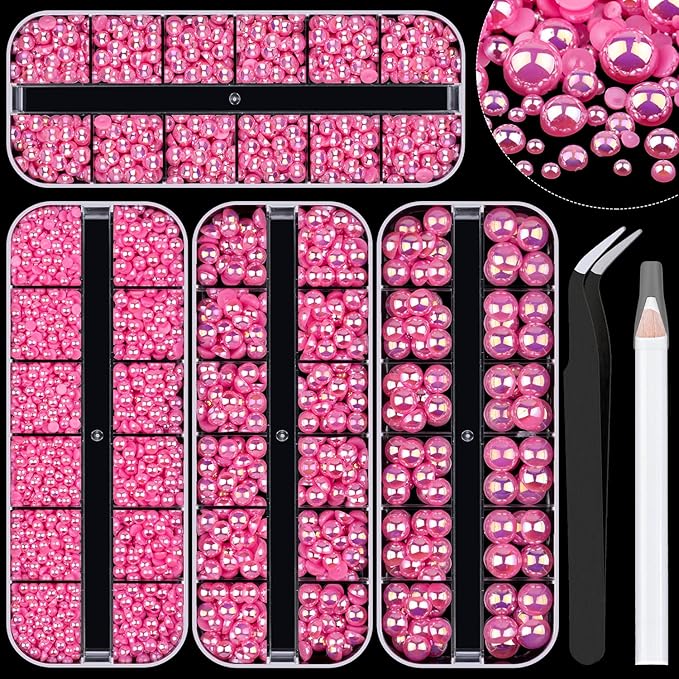 4 Boxes Flat Back AB Pearls Kit 11 Flatback PeachAB Half Round Pearls 3-10mm with Pickup Pencil and Tweezer for Home DIY and Professional Nail Art, Face Makeup and Craft