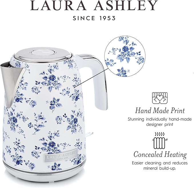 Laura Ashley Stainless Steel Electric Kettle 1.7 Liter - 1500W Rapid Boil Electric Kettles for Boiling Water - Electric Tea Kettles Automatic Shut Off - Overheat & Boil Dry Protection Jug Kettle