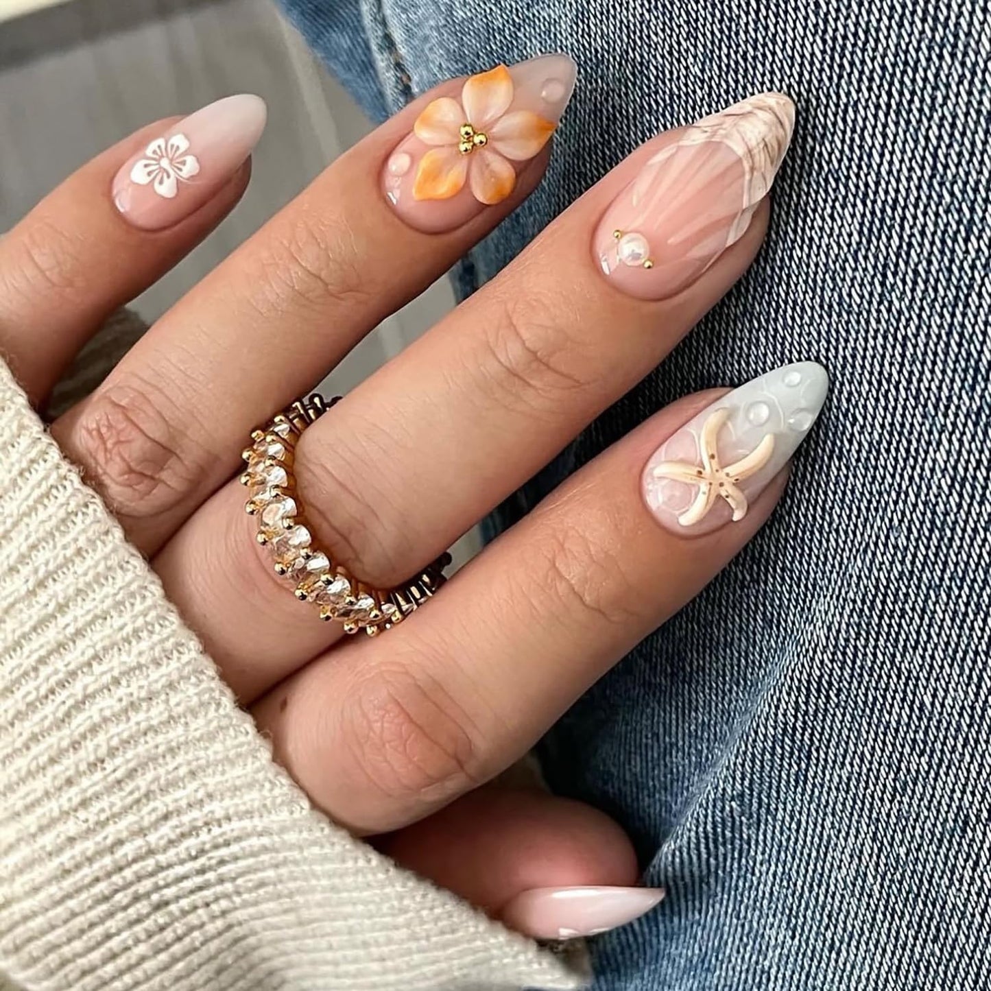 Summer Press On Nails Flower Fake Nails Press Ons Drip False Nails With 3D Starfish Pearl Design French Glue On Nails Glossy Reusable Acrylic Stick On Nails For Women Nail Decorations