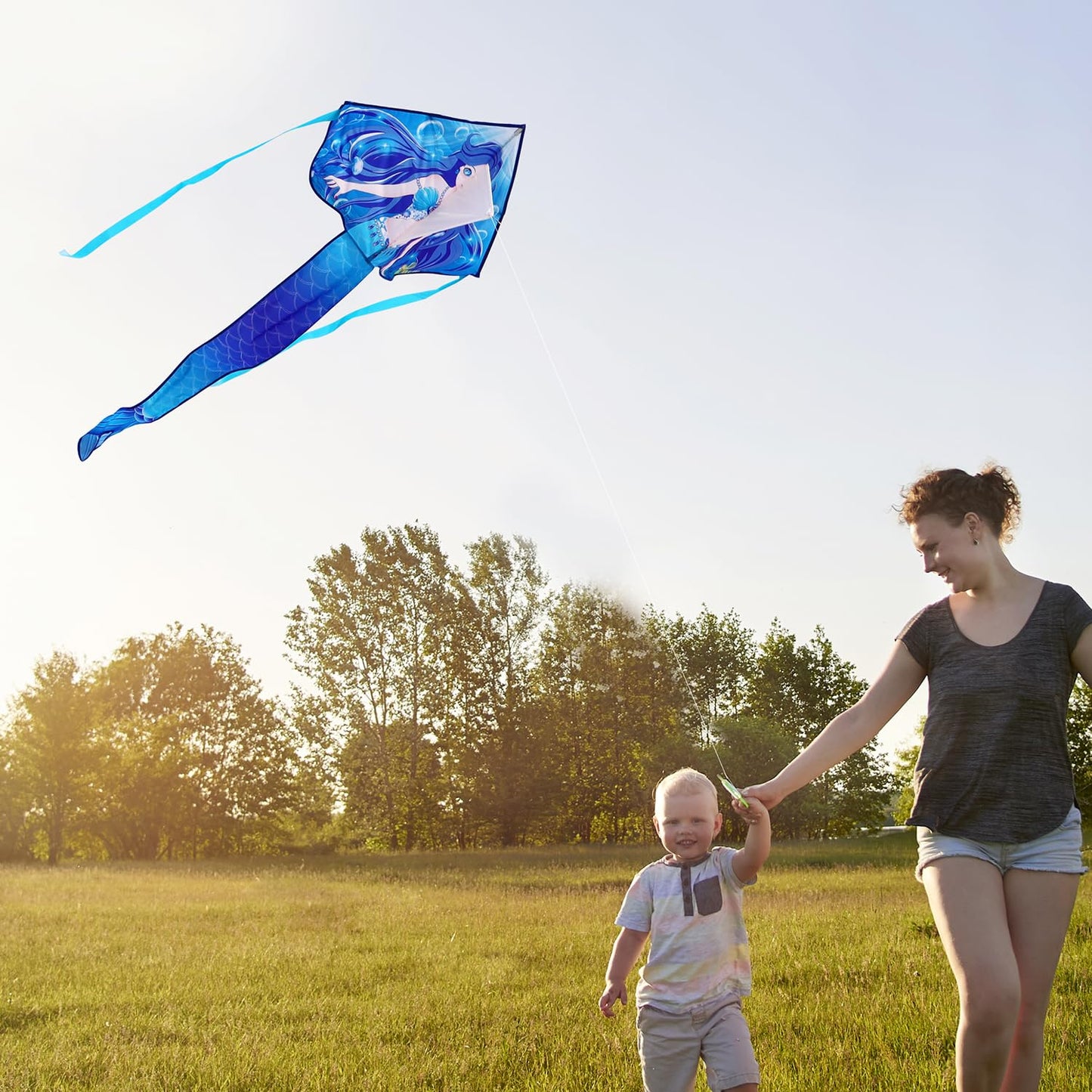 HONBO Large Mermaid Kite for Kids & Adults, Easy to Fly Delta Kite,Beginner Kite for Girls &Boys, Beginner Kite for Kids Ages 4-8(Blue)