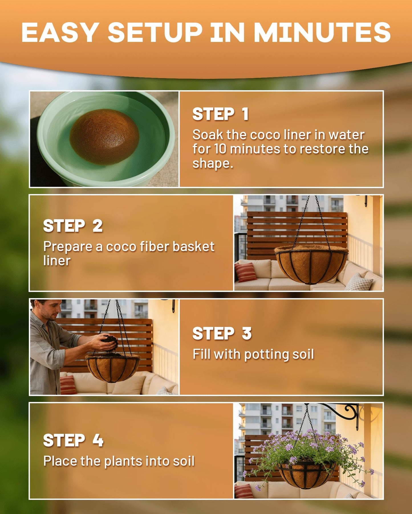 gardmate Coco Liners for Planters - Pre-Formed Coco Fiber for Plants Groove Design Hanging Basket Liners, Handmade Natural Coconut Fiber Pot Liners for Wire Baskets & Window Boxes (3)