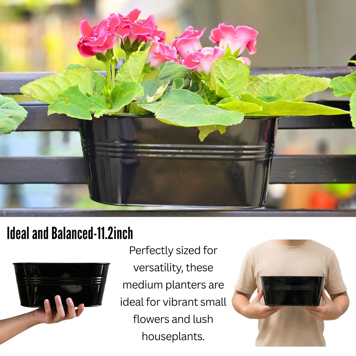 LaLaGreen Outdoor Plants Rail Planter (11.2 Inch, 10 Pack) Black Metal Iron Hanging Flower Pots Deck Railings Fence Buckets Modern Boho Style Wall Mount Window Box Plant Holder Hooks Porch Home Decor