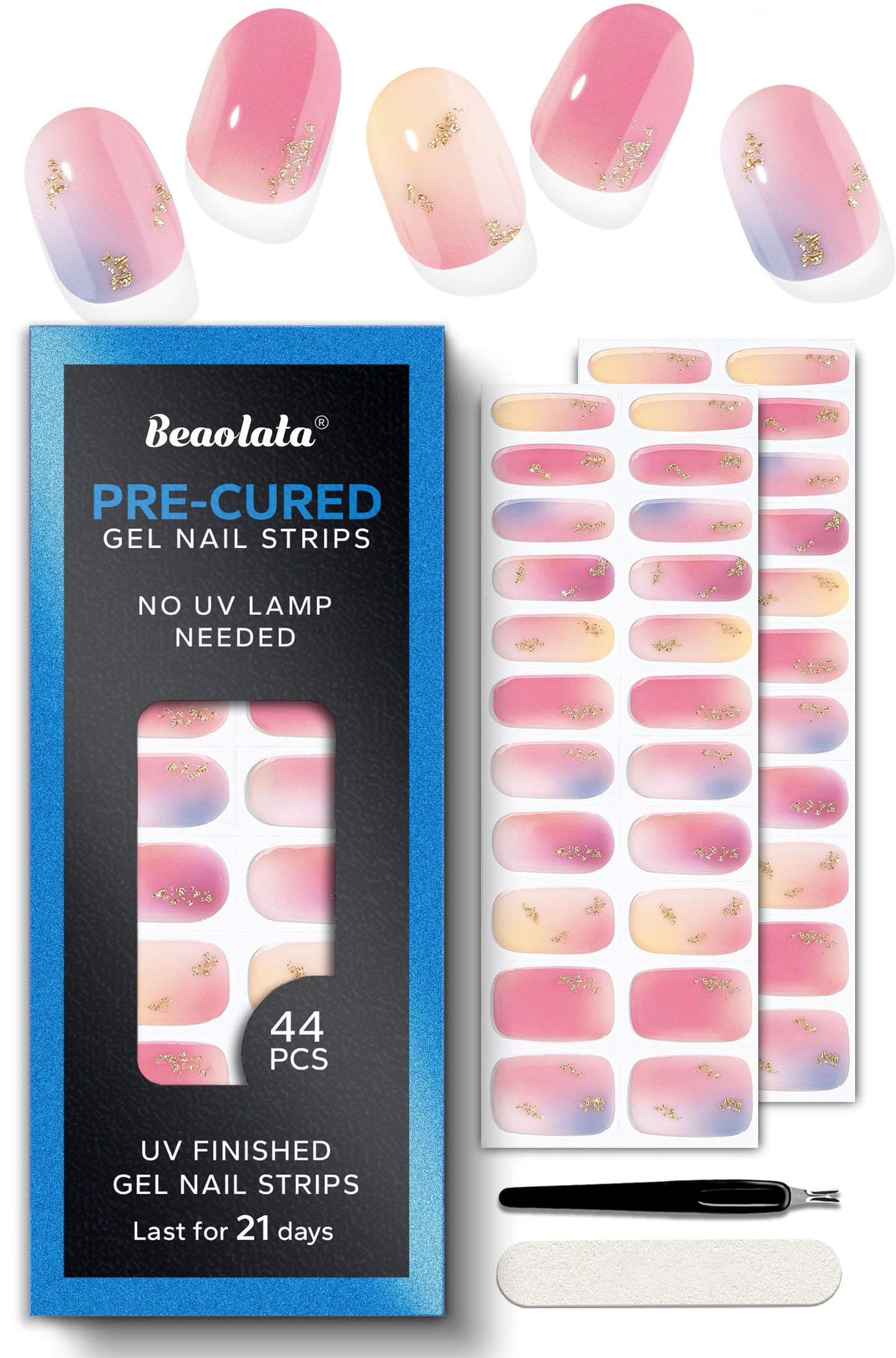 Beaolata Real Gel Nail Strips (No UV Light Needed) - 44Pcs Salon Quality Nail Stickers - Long Lasting Polish Wraps for Women, Easy Apply & Remove (Metallic Pink Maze
