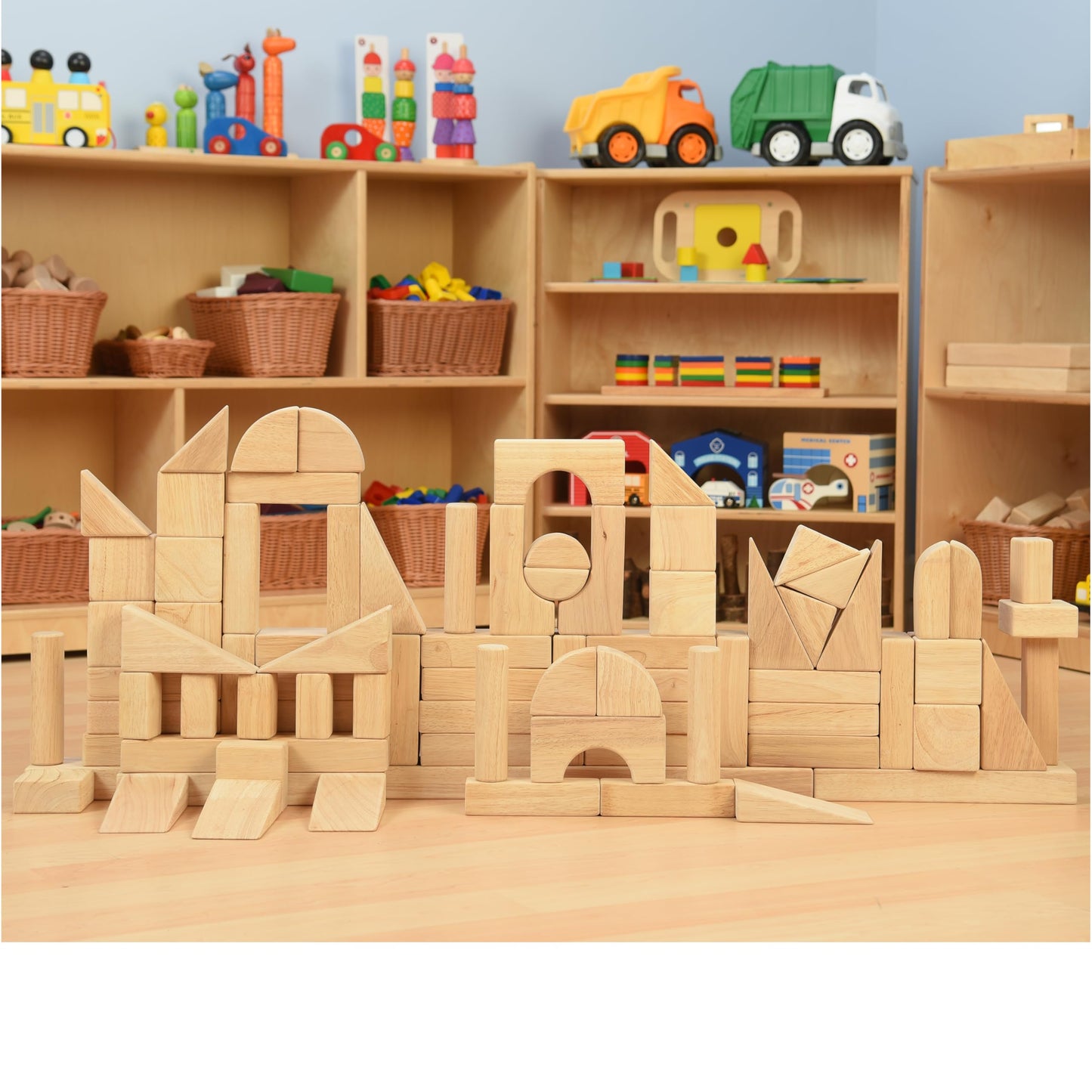 Constructive Playthings Wooden Blocks for Kids, 82-Piece Set with 13 Shapes, Educational Toy for Ages 2+, Ideal for Classrooms, Early Learning, Cooperative Play