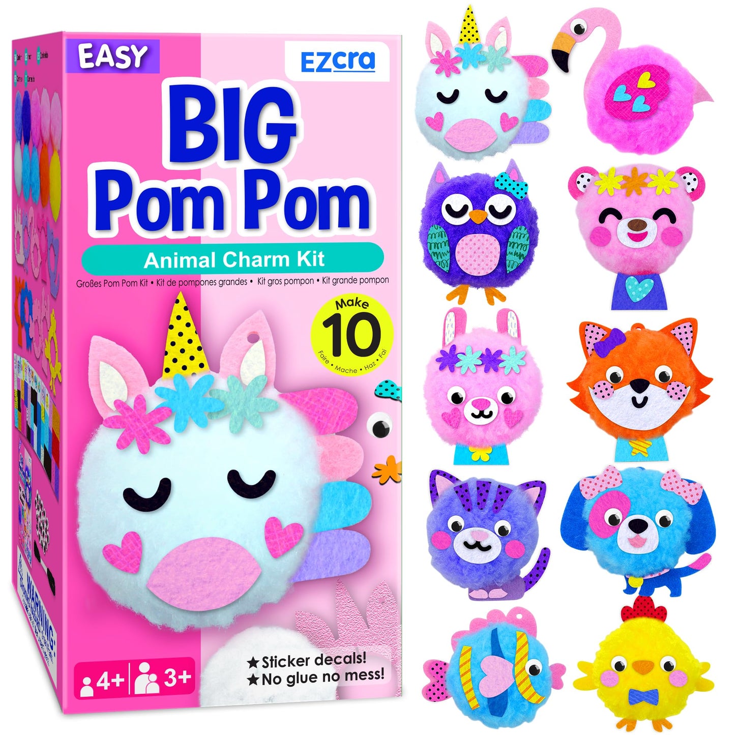 EZCRA Kids Crafts Ages 4-8 – 10 Plush Pom Pom Unicorn and Animals All-in-One DIY Craft Set – Felt Stickers, Educational & Creative Gift for Girls & Boys