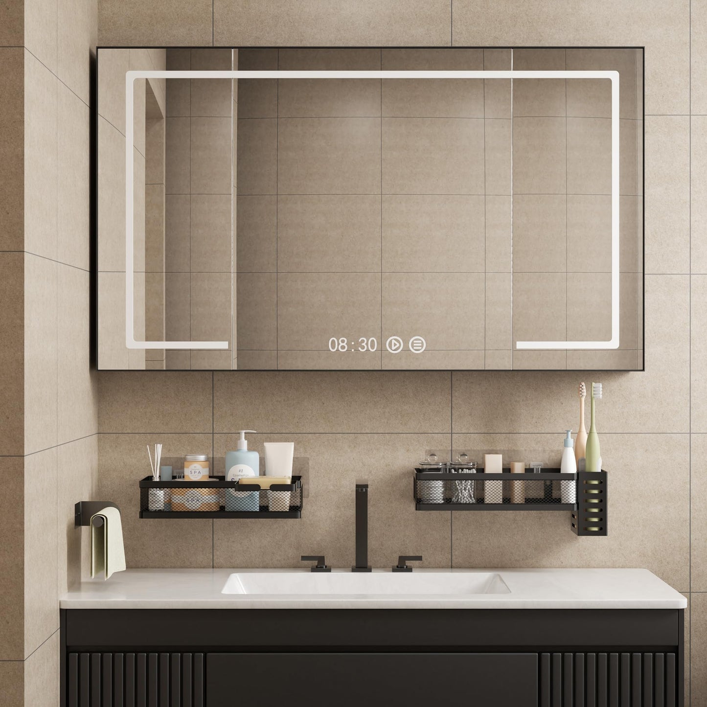 PUSDON 5-in-1 Wide Wall Mount Wrapped Mesh Kitchen Organizer & Shower Caddy Kit, with Paper Towel Holder, Utensil Holder, Soap Dish, Heavy Duty 50LBS - Matte Black, Netting