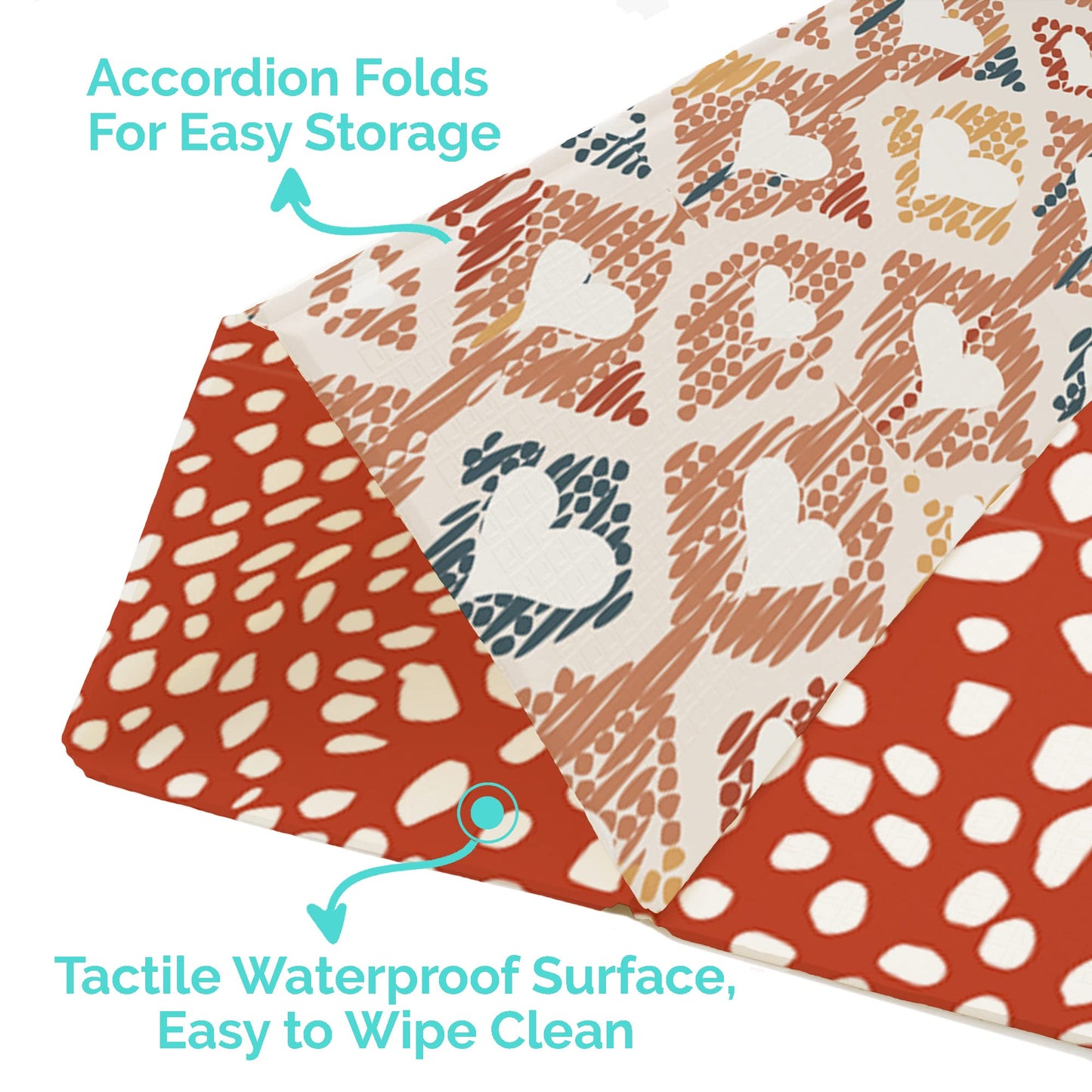 JumpOff Jo Foldable Foam Play Mat – Large Waterproof Baby & Toddler Activity Floor Mat, Double-Sided 70 x 59 Inch Play Surface - Boho Hearts
