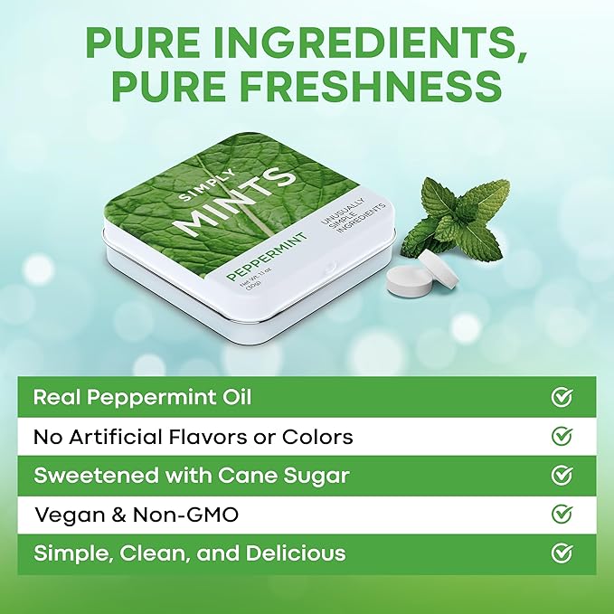 SIMPLY Mints | Peppermint Breath Mints | Pack of Six (180 Pieces Total) | Breath Freshening + Aspartame-Free + Vegan + non-GMO