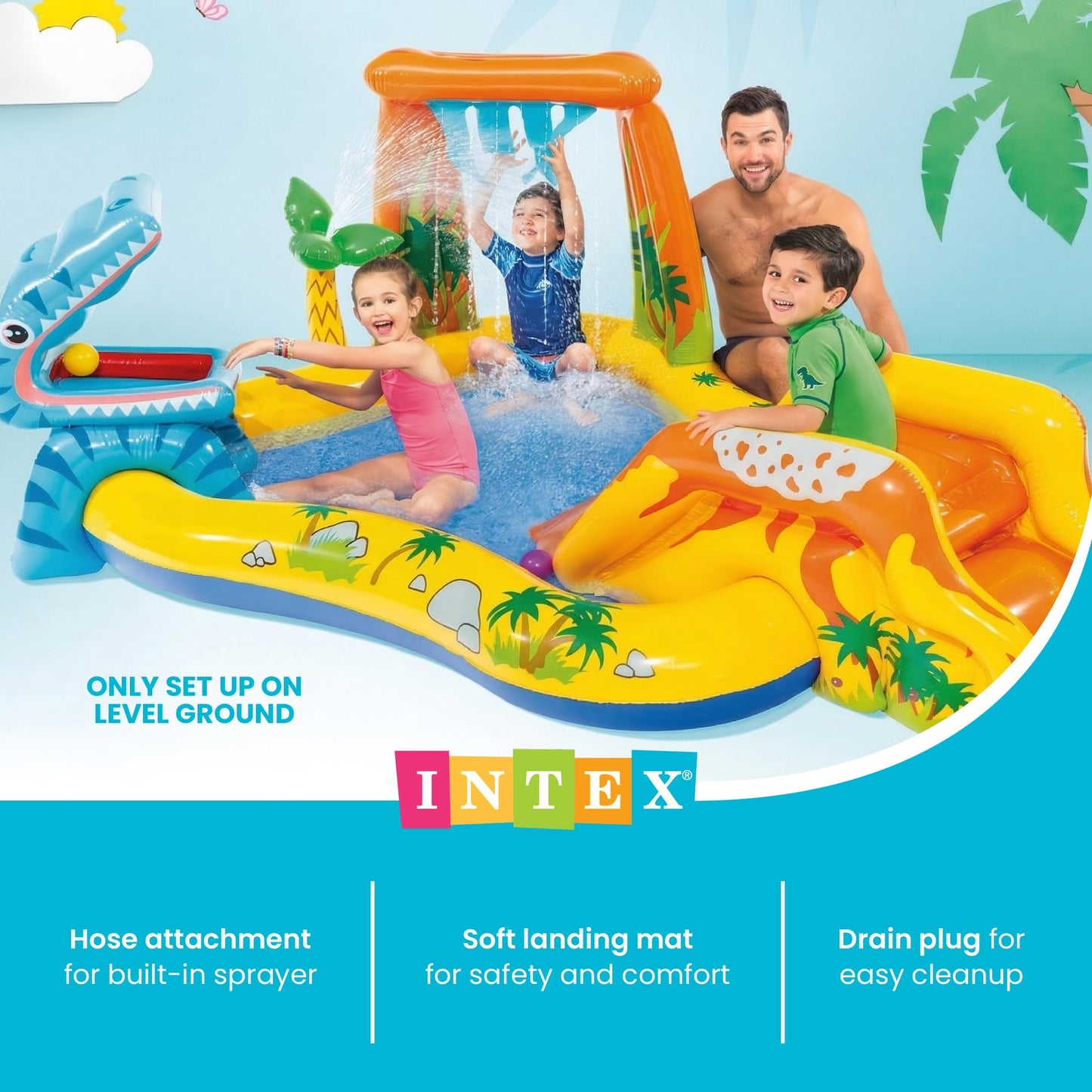 Intex Inflatable Dinosaur Play Center Outdoor Playhouse Inflatable Water Park with Kid Pool Slide, Water Sprayer, Waterfall, and 6 Balls, Multicolor