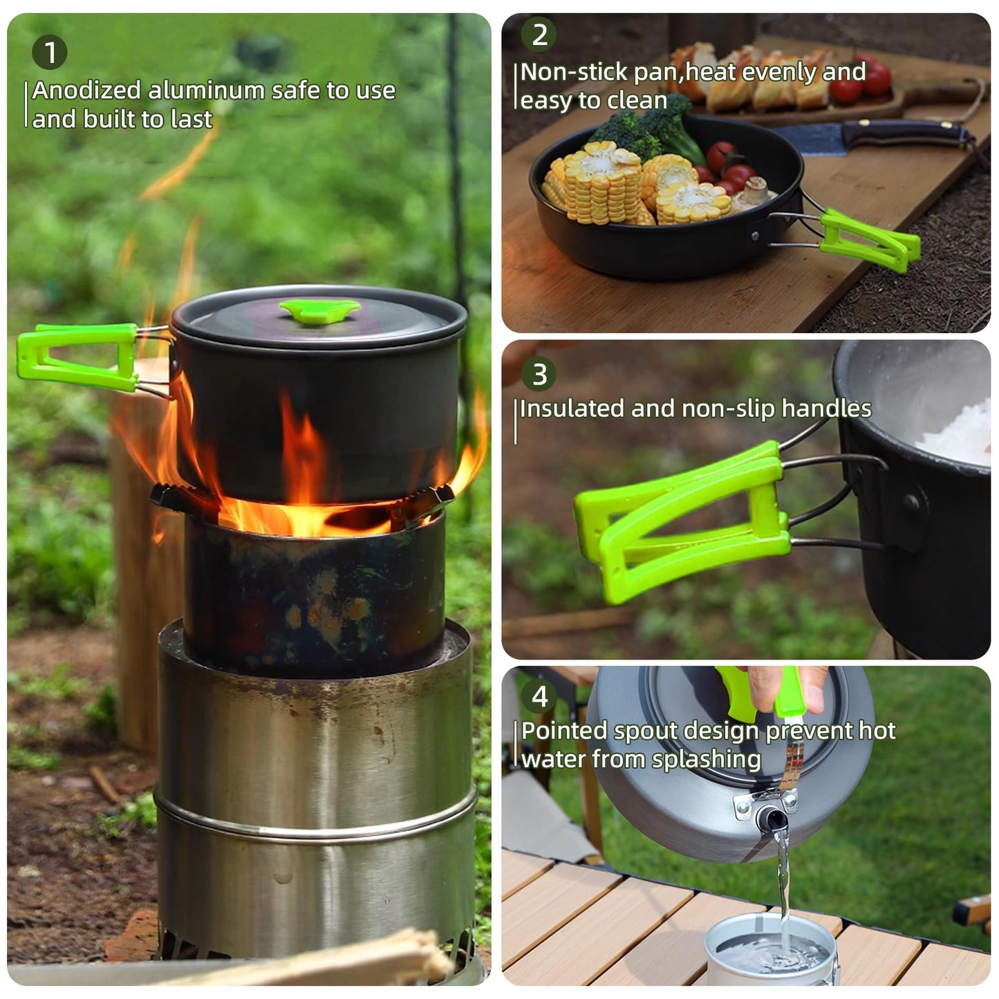 aiGear 3pcs Camping Cooking Set for 1-2 People, Lightweight Foldable Pot Pan Kettle with Storage Bag, Backpacking Cooking Set for Hiking Picnic Camping (Green)