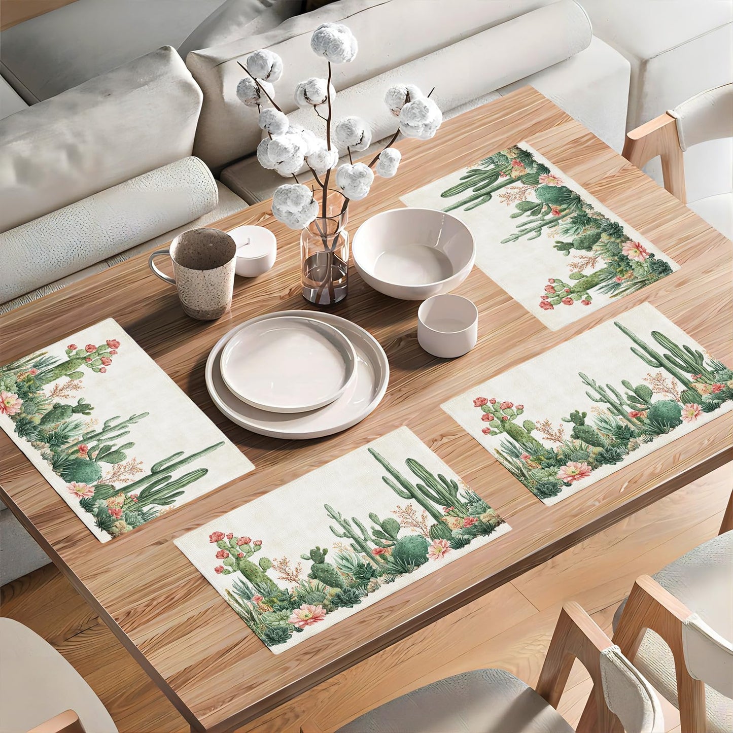 Cute Cactus Placemats Set of 4, Western Succulent Place Mats, Rustic Summer Plant Dining Table Mats, Washable Placemats for Kitchen Dining Room 18L'' × 12W''