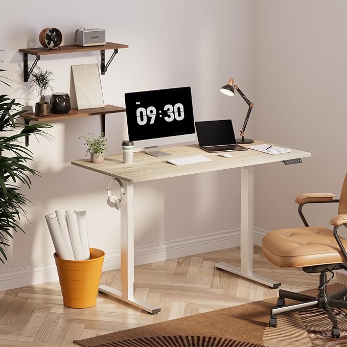 FLEXISPOT EN1 One-Piece Standing Desk, 48 x 24 Inches Electric Height Adjustable Desk for Home Office (White Frame + White Wood Grain Desktop)
