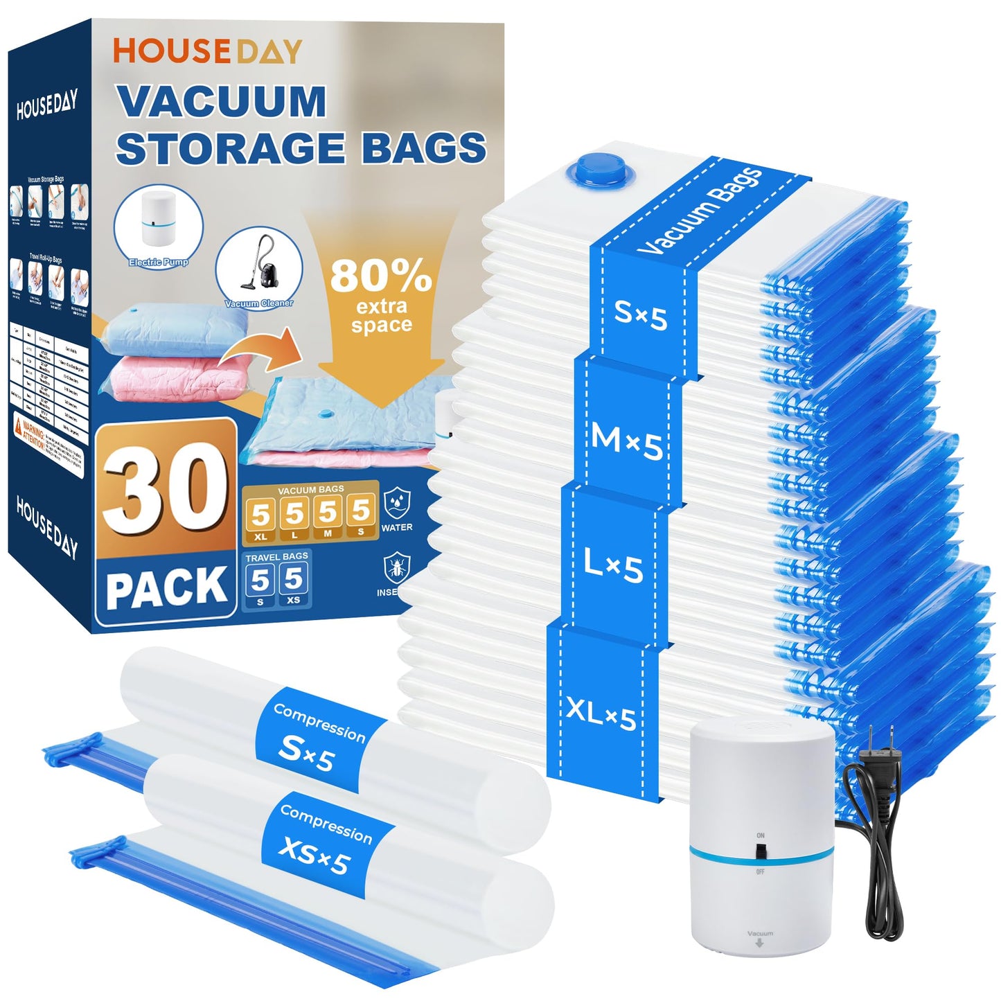 HOUSE DAY 30 Pack Vacuum Storage Bags with Electric Pump, 4 Sizes + 2 Roll-Up (5 Each), Space Saver Vacuum Seal Bags for Clothing, Bedding, Pillows, Travel – Airtight Seal, Reusable & Durable