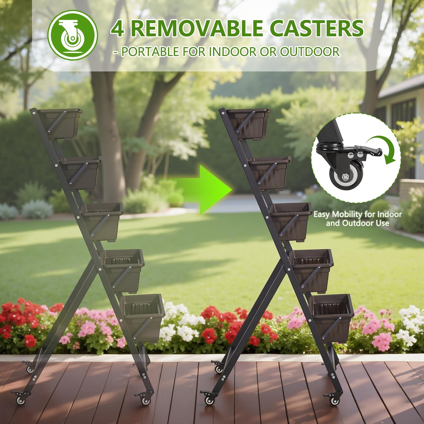 VECELO 5-Tier Vertical Garden Bed, Freestanding Elevated Raised Garden Planter with 5 Garden Planter Boxes, Lockable Caster Wheels, Drainage System, for Plants, Vegetables, Flowers, Herbs